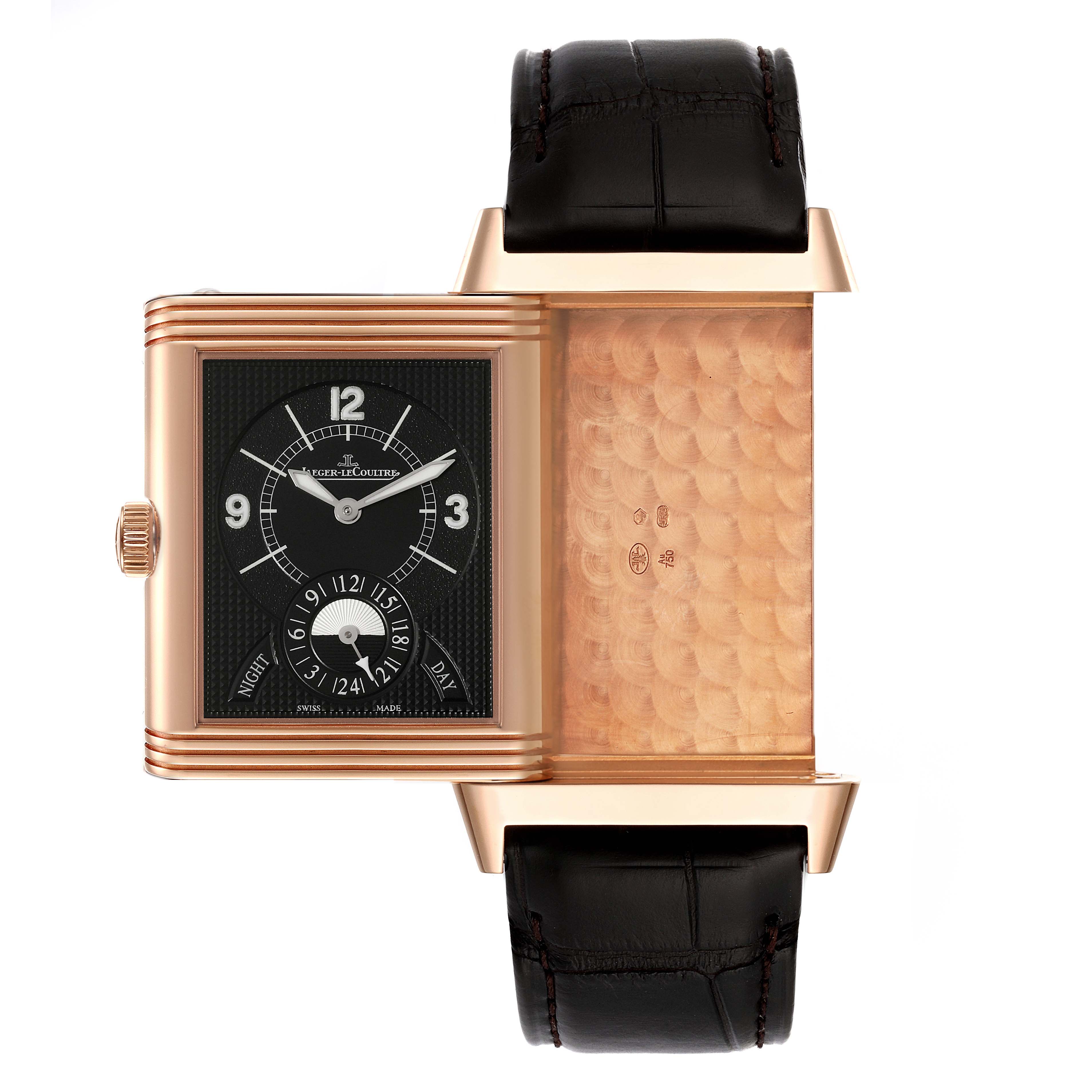 This image shows the Jaeger LeCoultre Reverso Q3742521 Men
s Rose Gold Silver Dial Q3742521 Men
s Rose Gold Silver Dial watch with the case flipped to reveal the inner backside engraving.