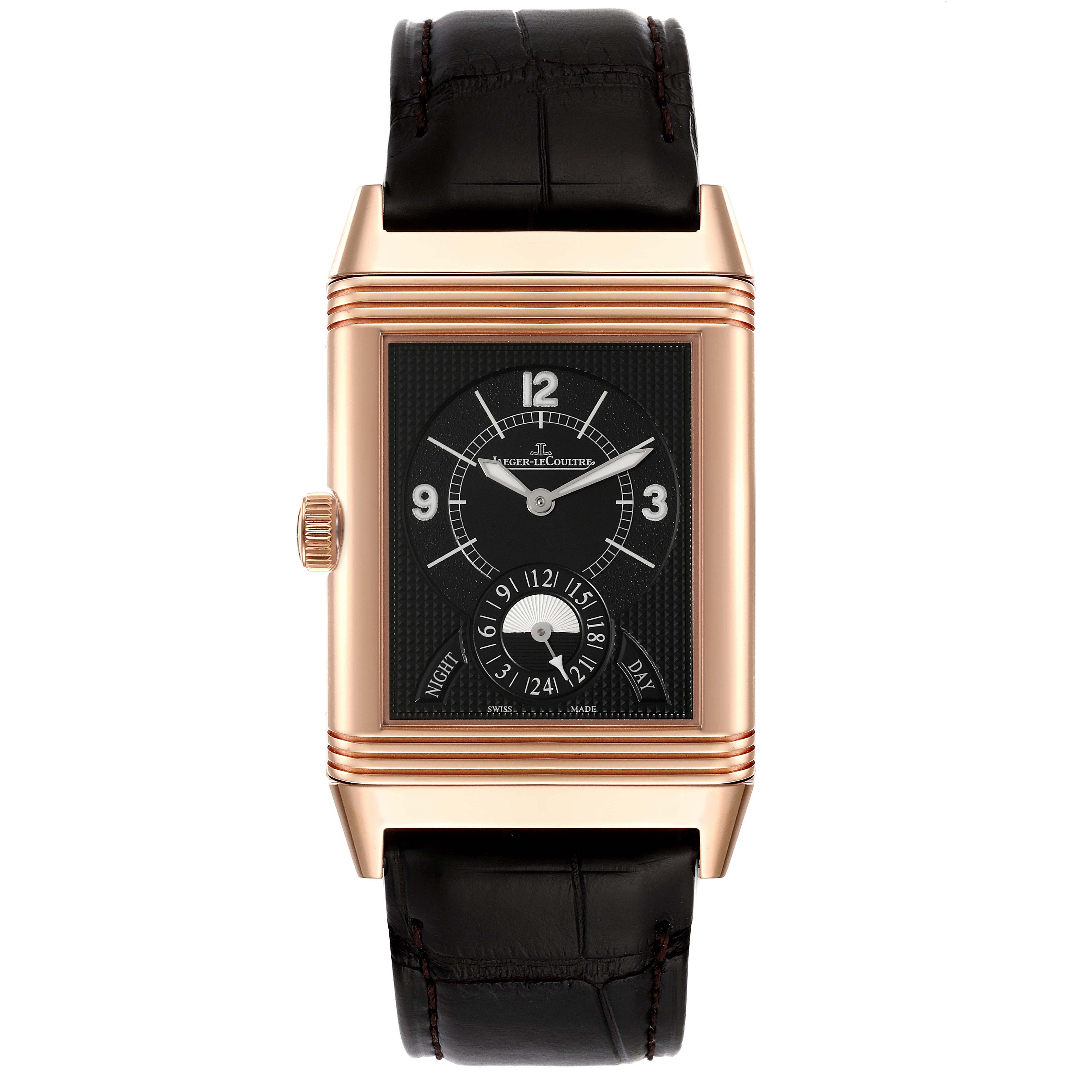 This image shows a Jaeger LeCoultre Reverso Q3742521 Men
s Rose Gold Silver Dial Q3742521 Men
s Rose Gold Silver Dial watch from a front angle, highlighting its rectangular black dial and leather strap.