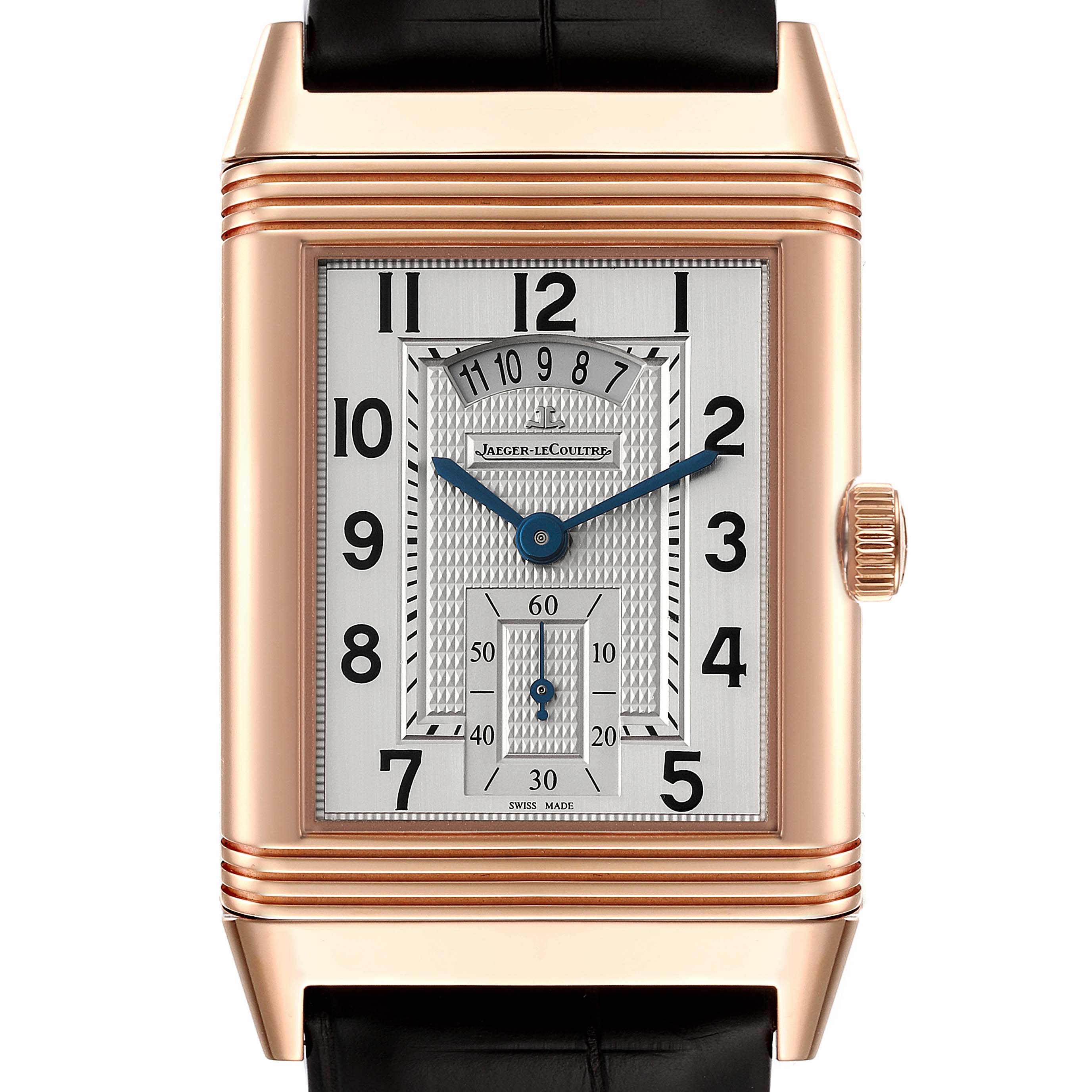 Front view of a Jaeger LeCoultre Reverso Q3742521 Men
s Rose Gold Silver Dial Q3742521 Men
s Rose Gold Silver Dial watch, displaying its rectangular face, dial, and crown.