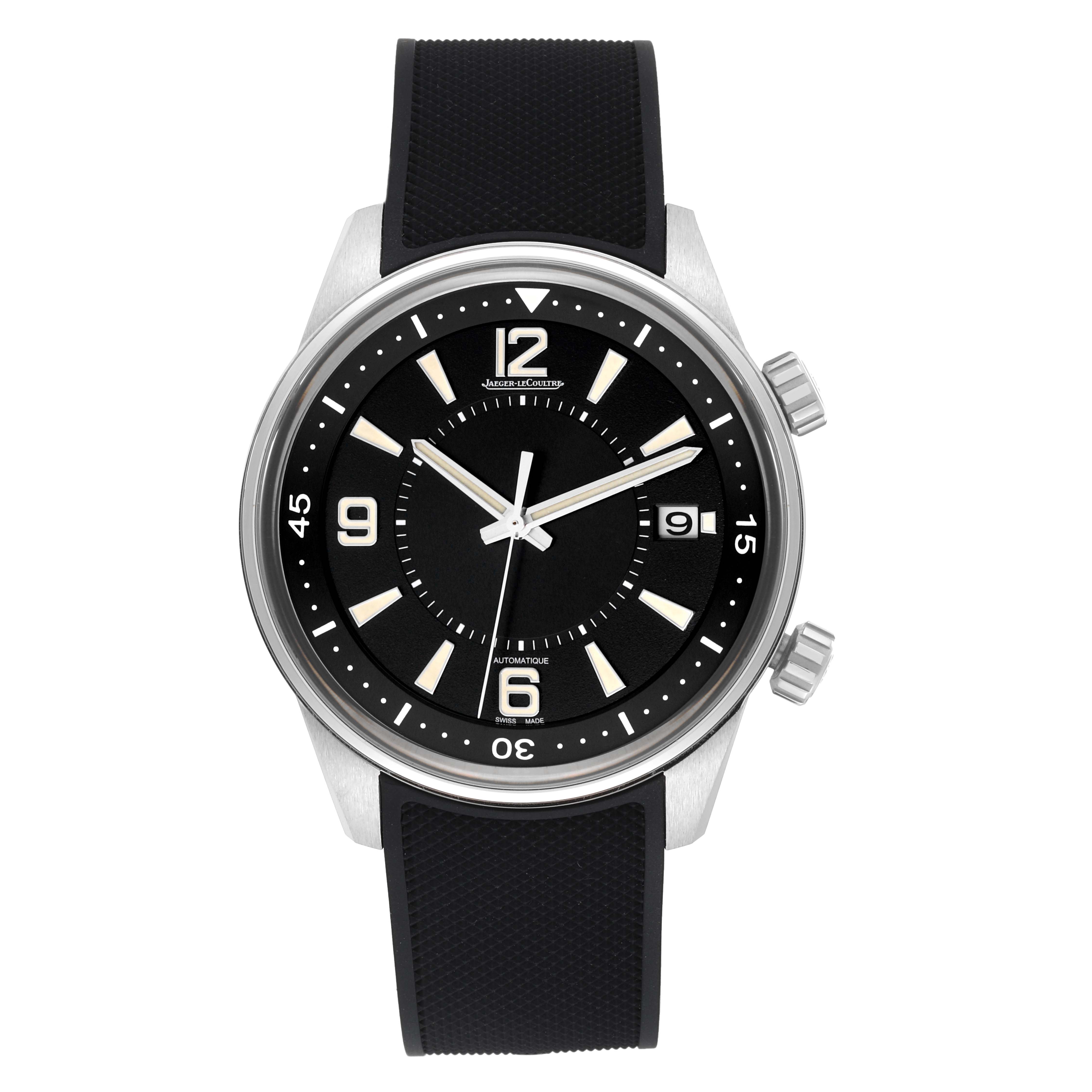 The image shows a front view of the Jaeger LeCoultre Polaris Q9068671 Men's Stainless Steel Black Dial Q9068671 Men's Stainless Steel Black Dial watch, featuring its dial, bezel, crown, and strap.