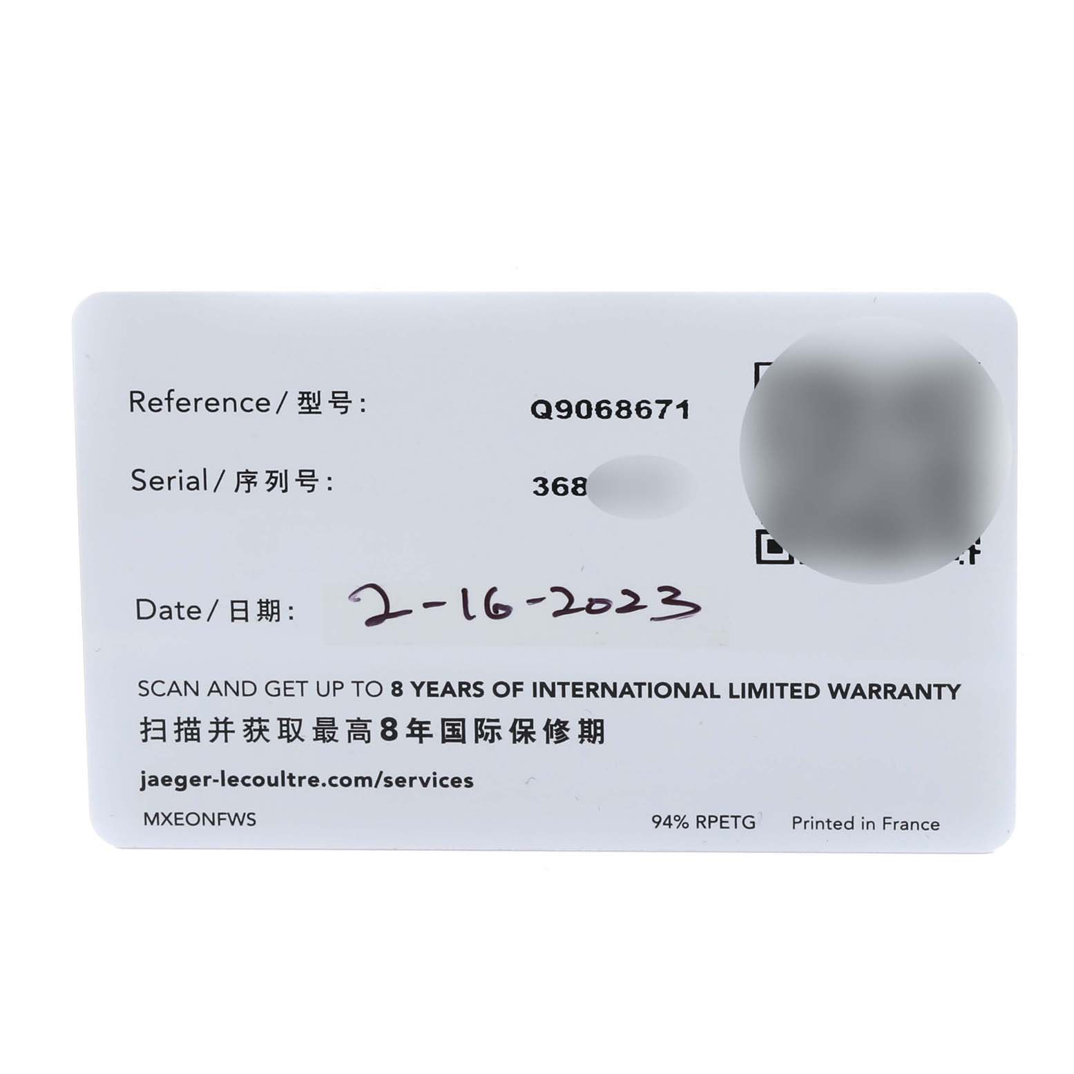 This image shows a close-up of the warranty card for the Jaeger-LeCoultre Polaris model, detailing its reference, serial number, and purchase date.