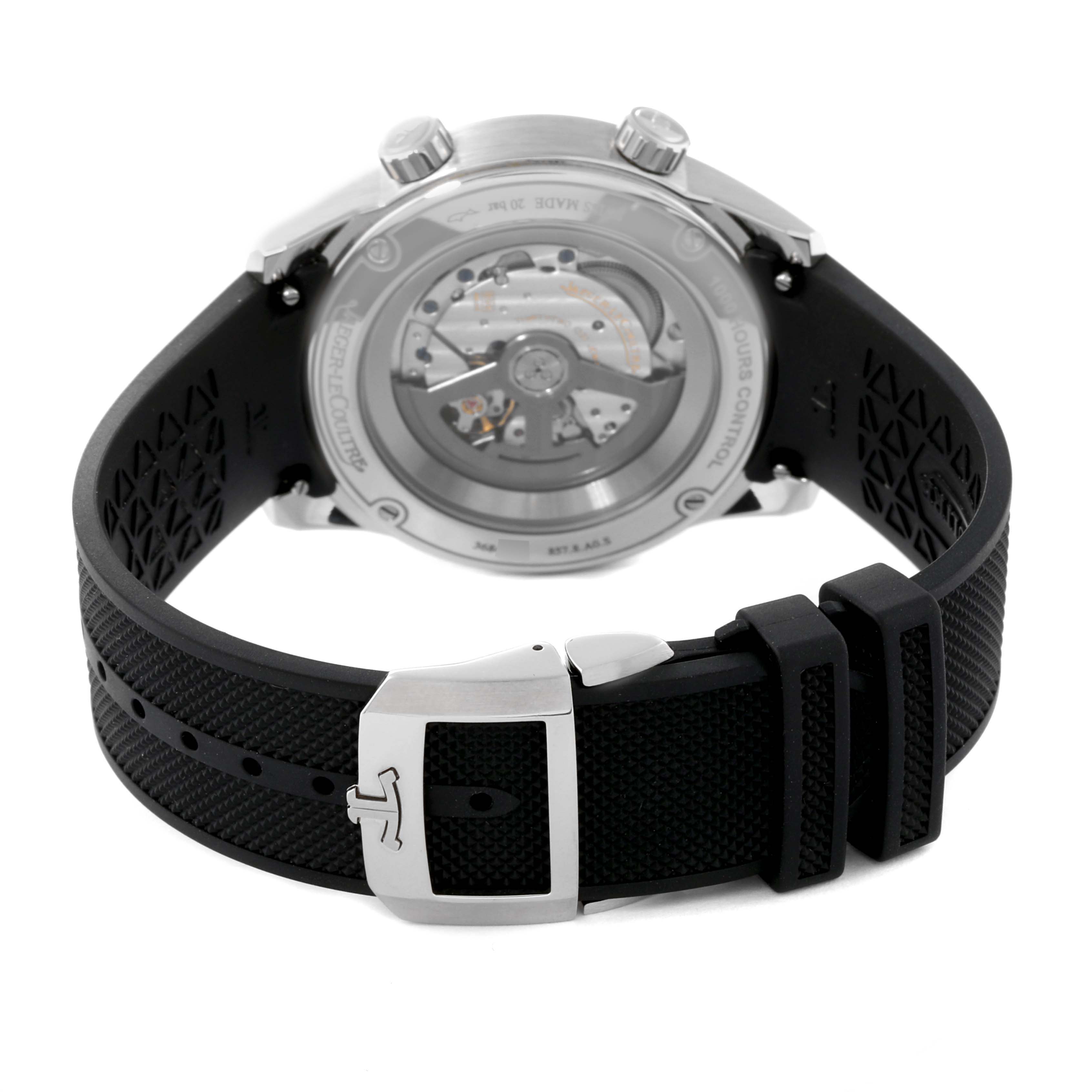 The image shows the back angle of the Jaeger LeCoultre Polaris Q9068671 Men's Stainless Steel Black Dial Q9068671 Men's Stainless Steel Black Dial watch, highlighting the movement and black strap with a buckle.