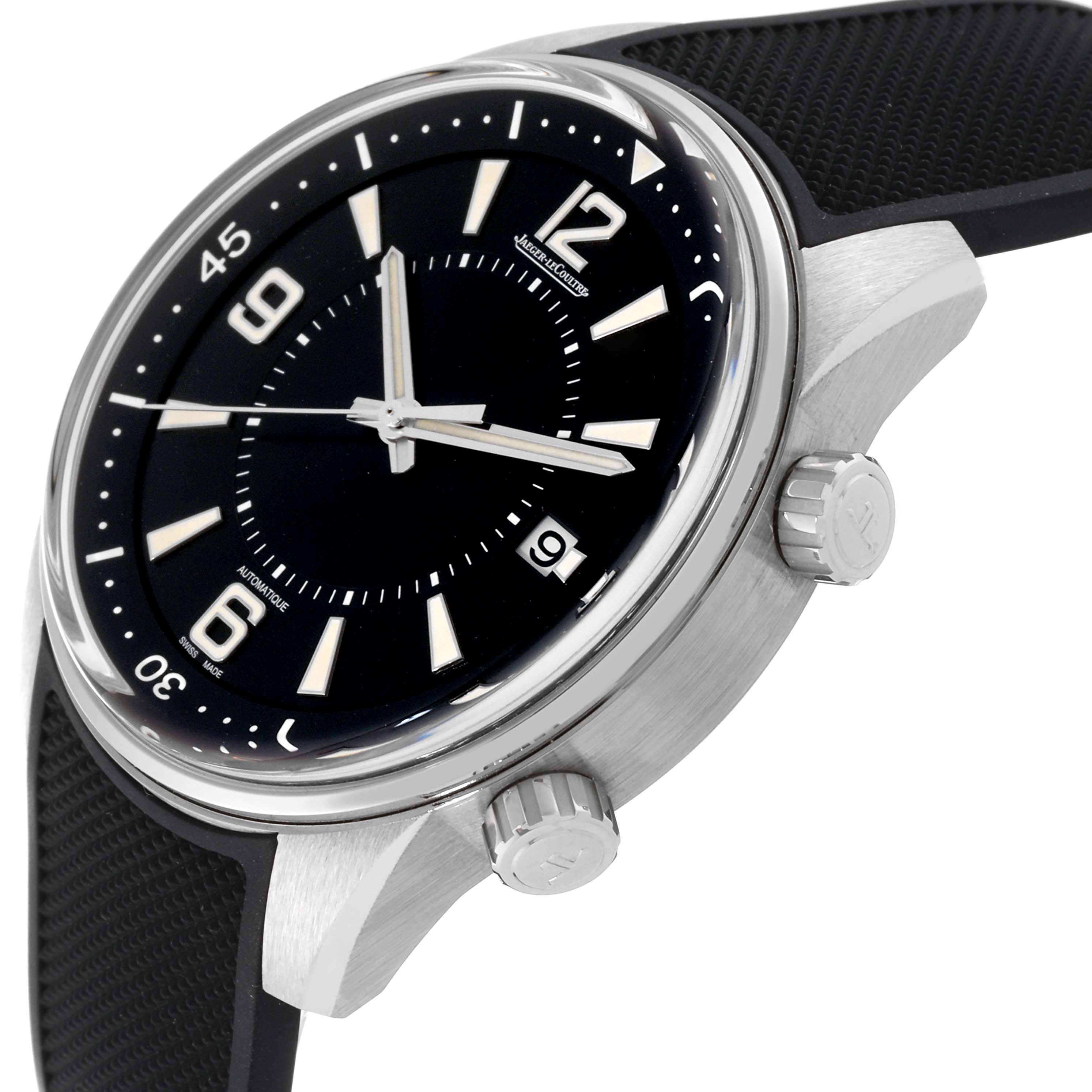 This image shows a side view of the Jaeger LeCoultre Polaris Q9068671 Men's Stainless Steel Black Dial Q9068671 Men's Stainless Steel Black Dial watch, highlighting the black dial, bezel, and dual crowns.