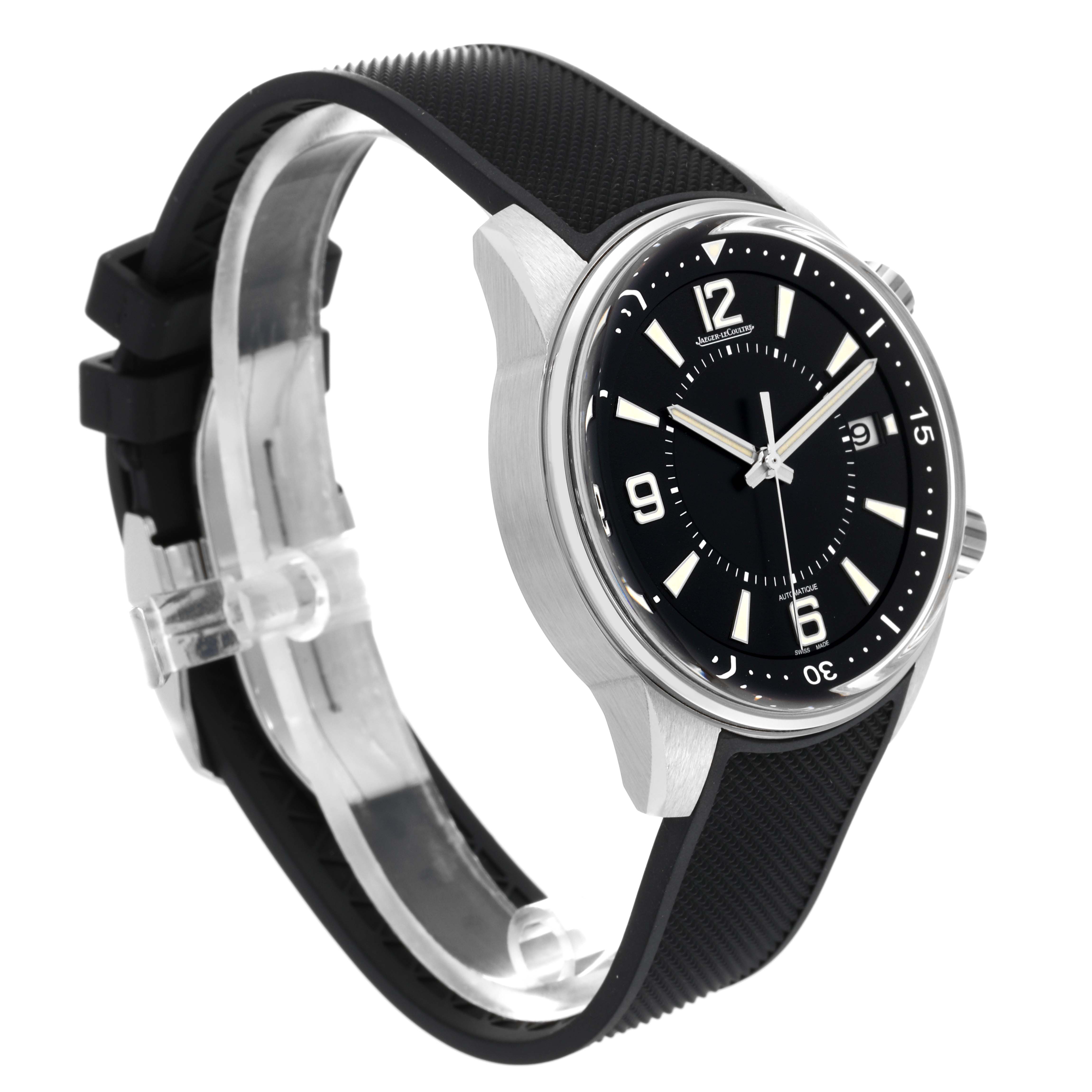 The Jaeger LeCoultre Polaris Q9068671 Men's Stainless Steel Black Dial Q9068671 Men's Stainless Steel Black Dial watch is shown at an angle displaying the dial, case, and black rubber strap.