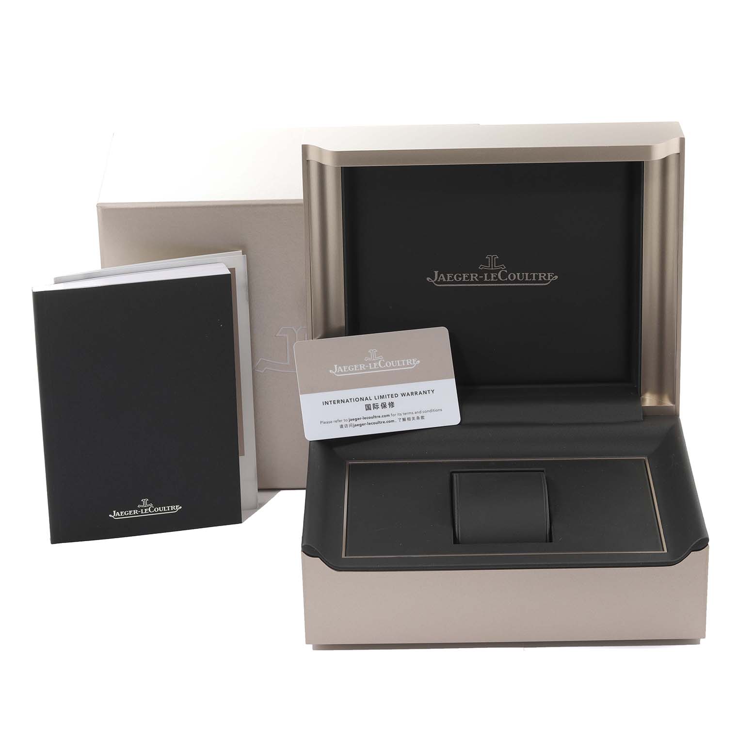 This image shows the open box, warranty card, and booklet for a Jaeger-LeCoultre Polaris watch.