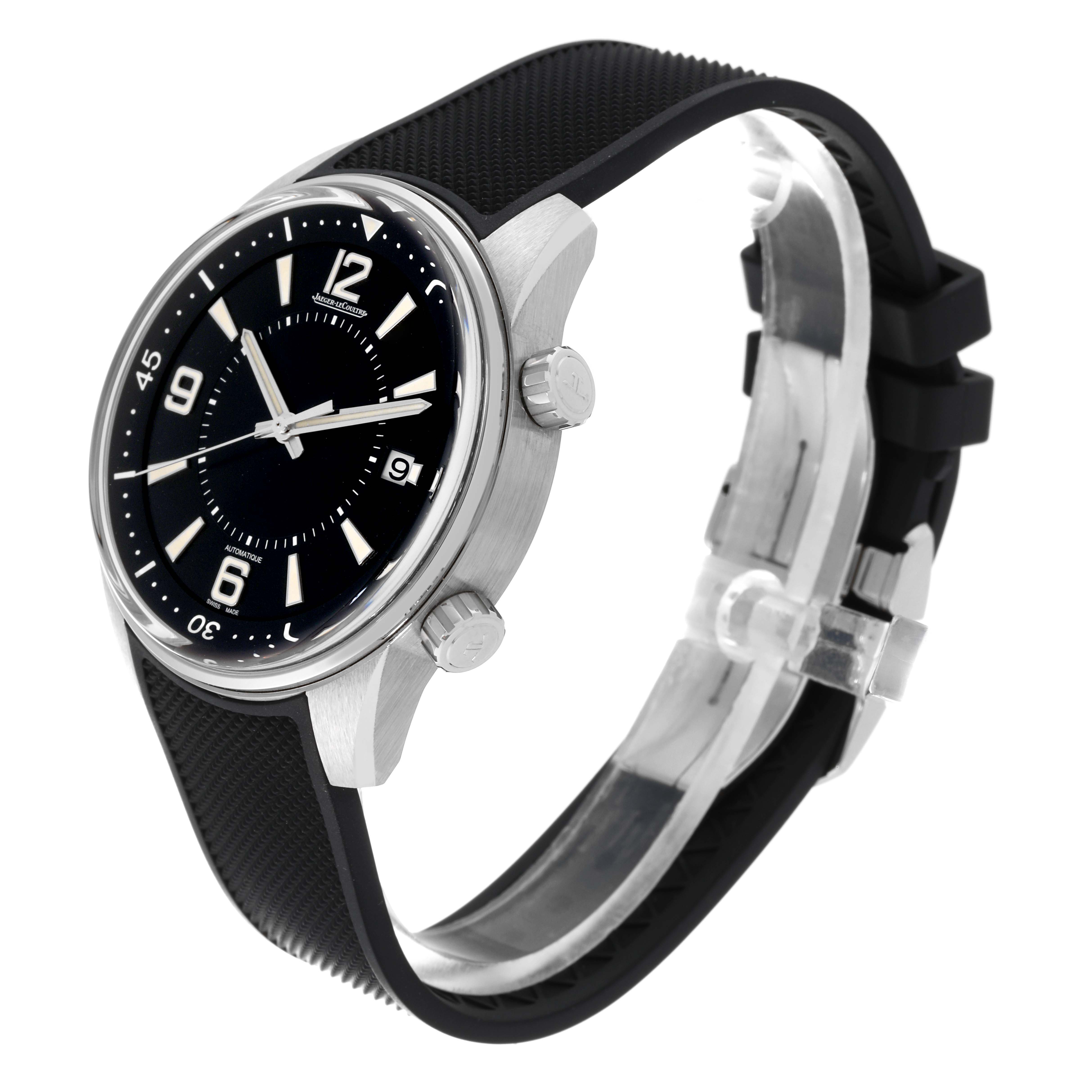 This image shows a Jaeger-LeCoultre Polaris watch at a three-quarter angle, highlighting its face, side crown, and black strap.