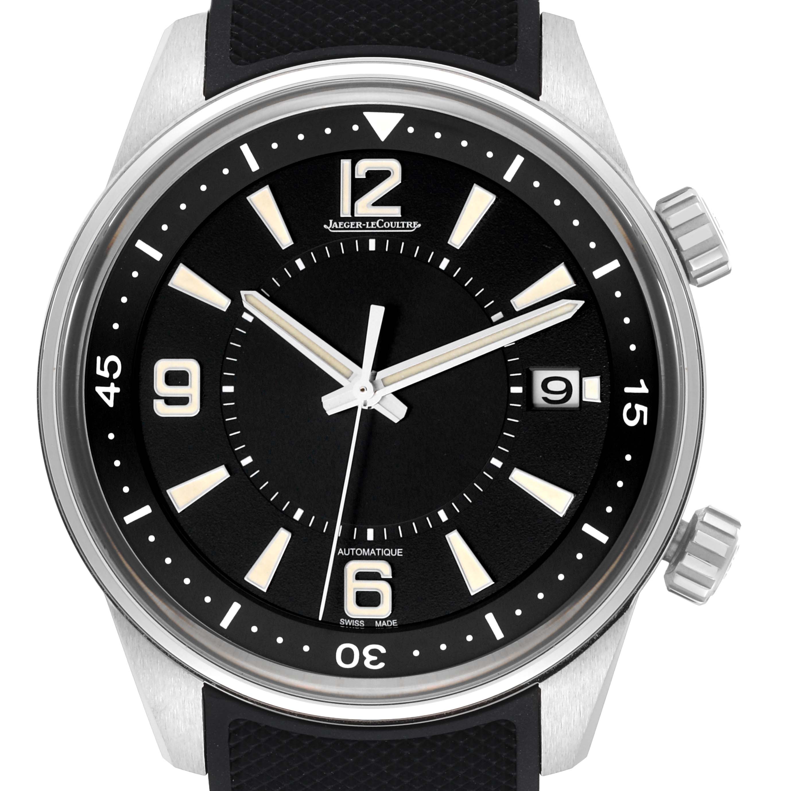 The image shows a front view of the Jaeger-LeCoultre Polaris watch, displaying its face, bezel, and crown.