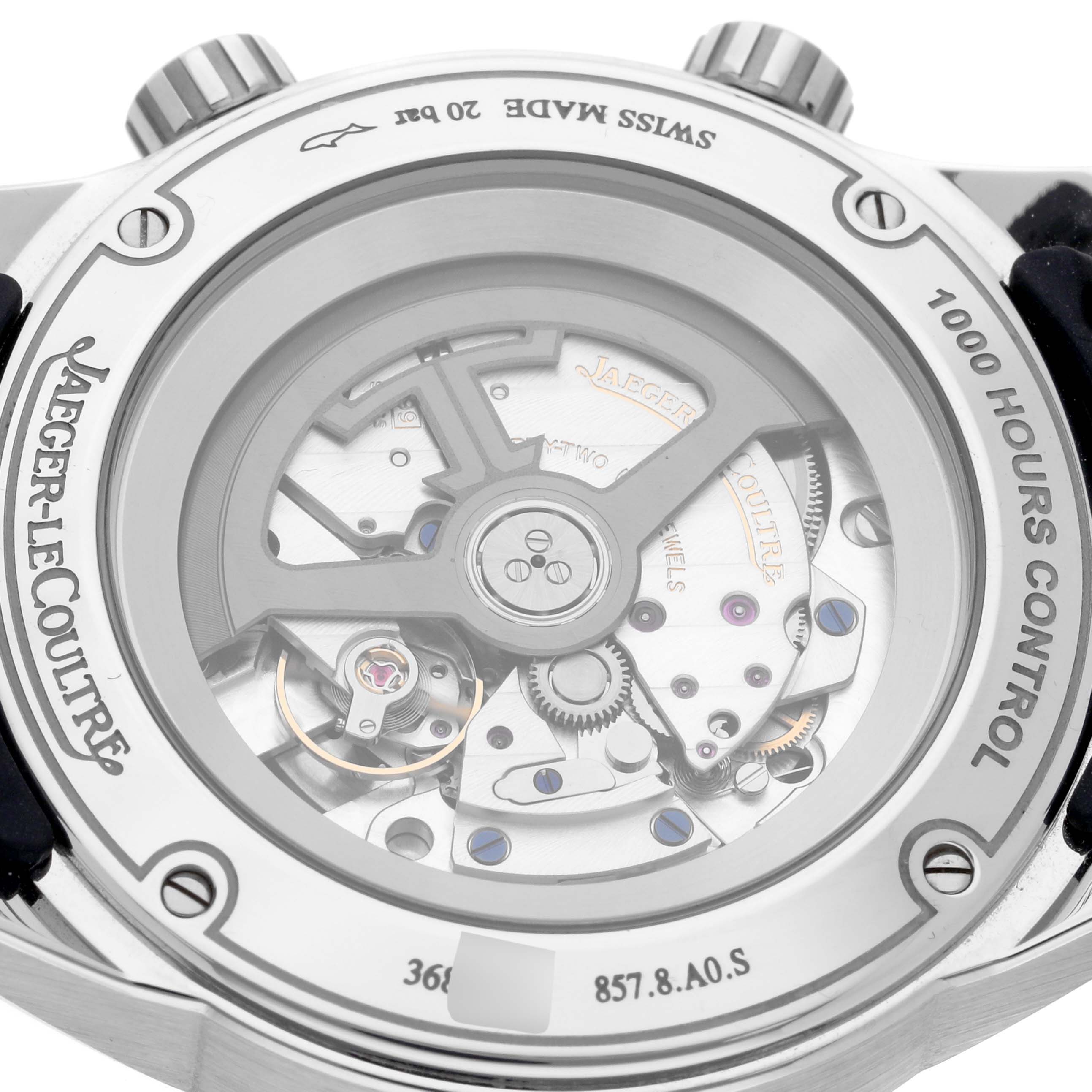 This image shows the case back of the Jaeger-LeCoultre Polaris model, highlighting its mechanical movement.