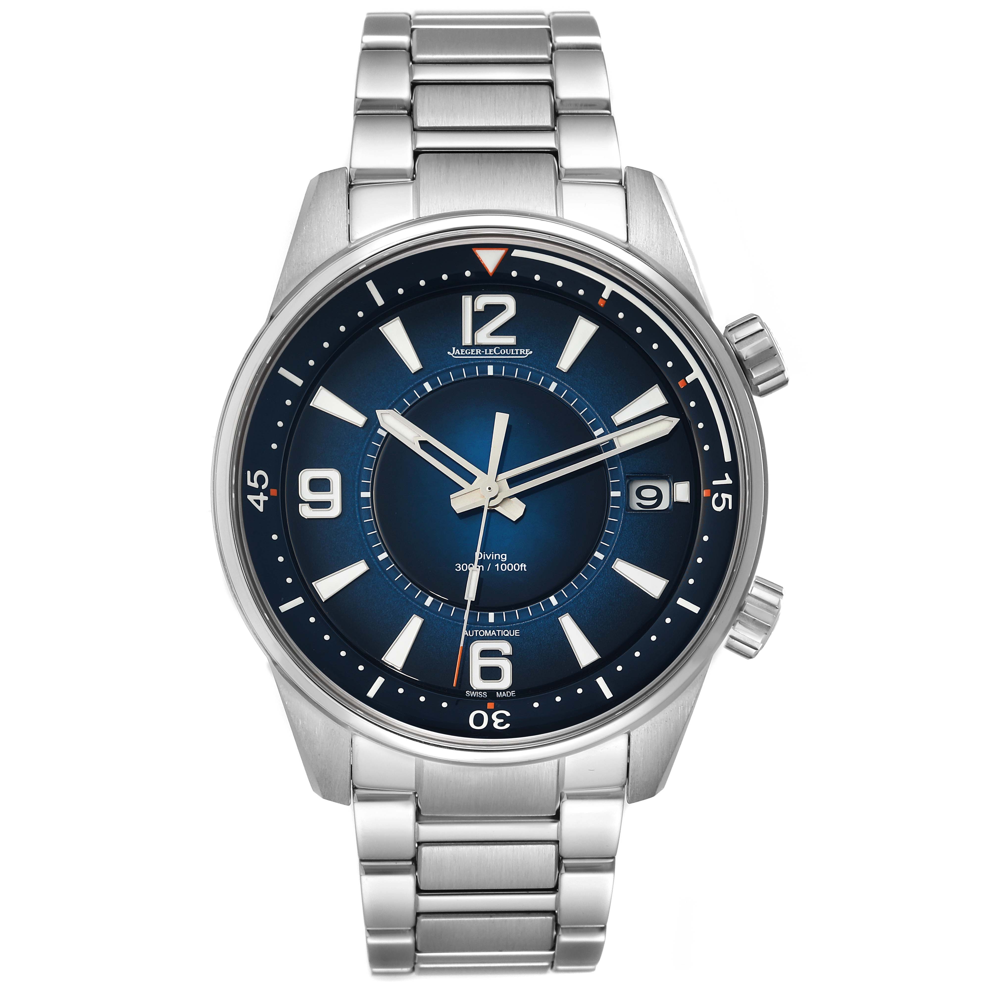 The image shows a front view of the Jaeger LeCoultre Polaris Q9068180 Men's Stainless Steel Blue Dial Q9068180 Men's Stainless Steel Blue Dial watch, displaying the dial, hands, bezel, and metal bracelet.