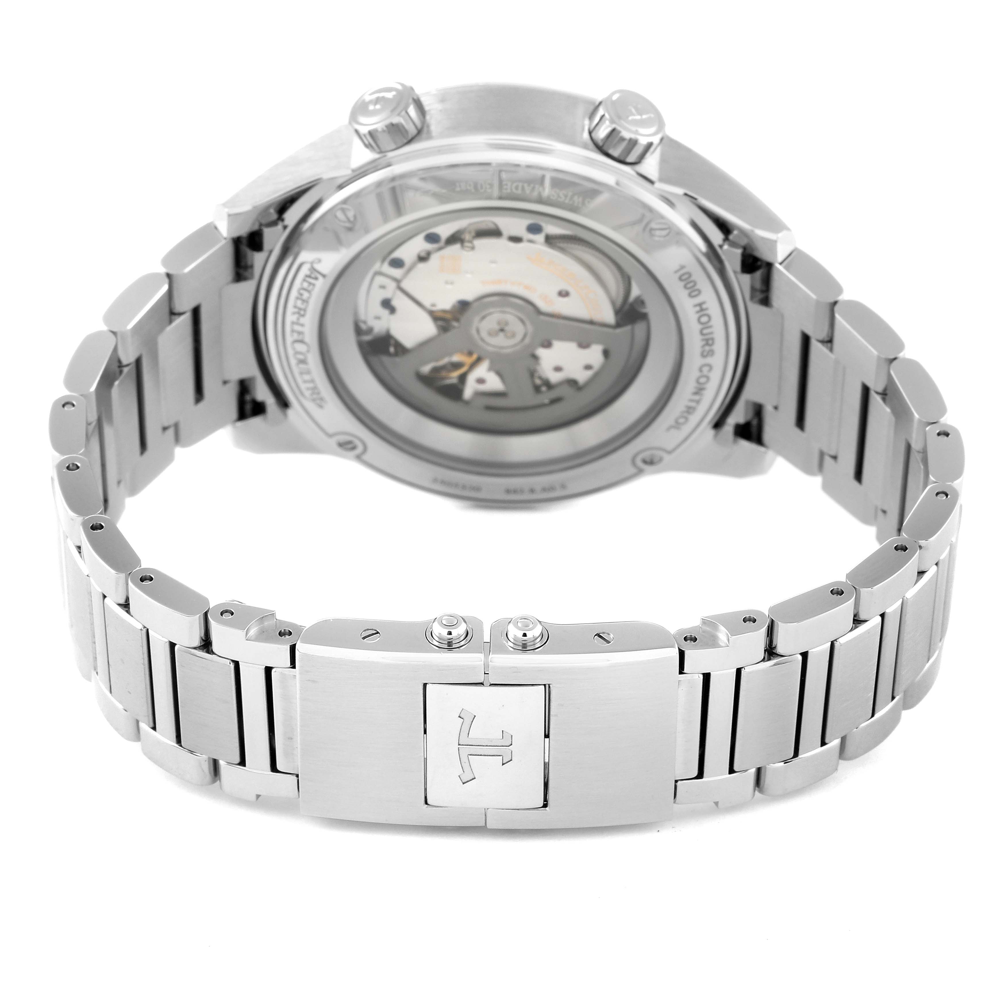 The image shows the back view of the Jaeger-LeCoultre Polaris model watch, highlighting its case back and metal bracelet clasp.