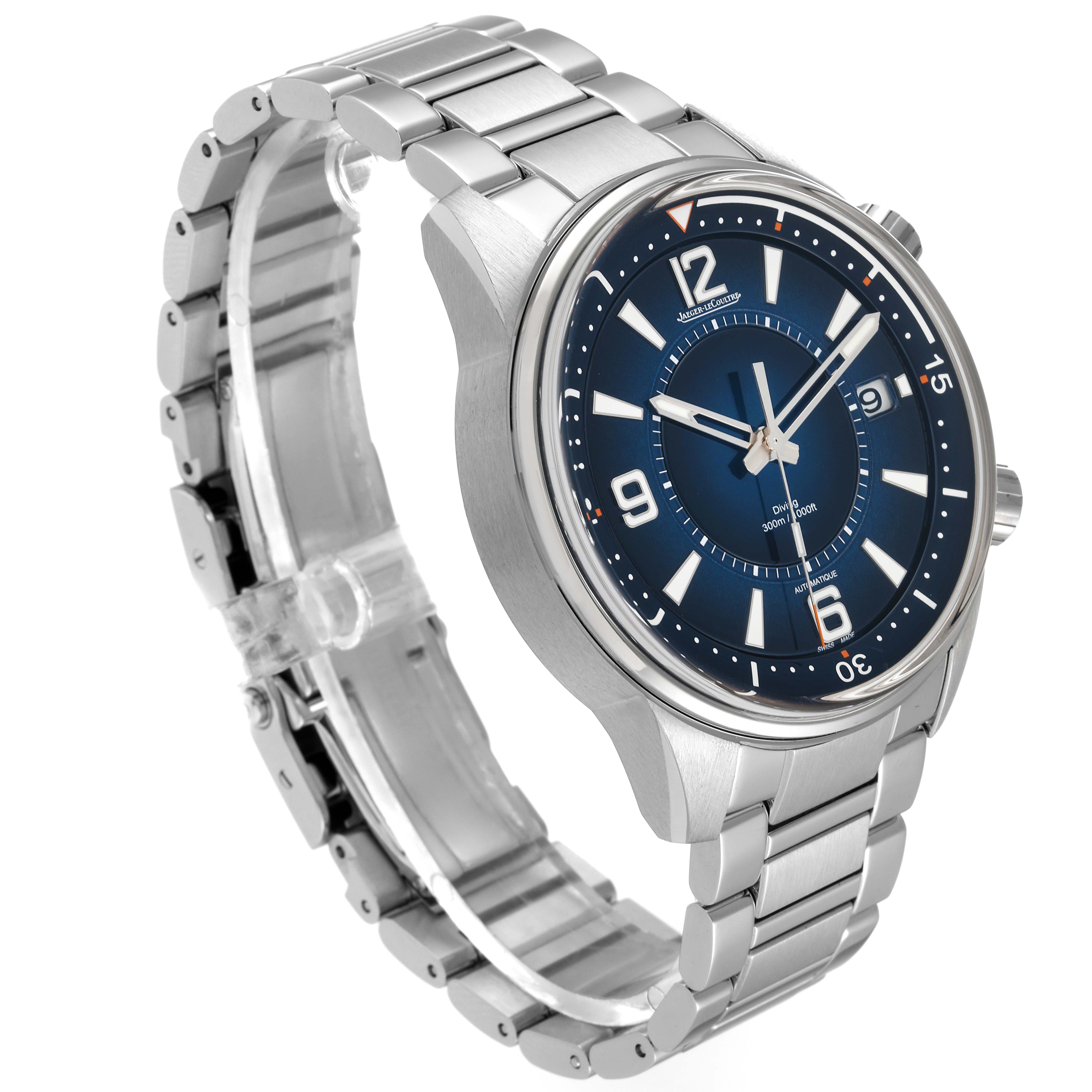 The Jaeger-LeCoultre Polaris watch is shown at a three-quarter angle, highlighting its face, bezel, and stainless steel bracelet.
