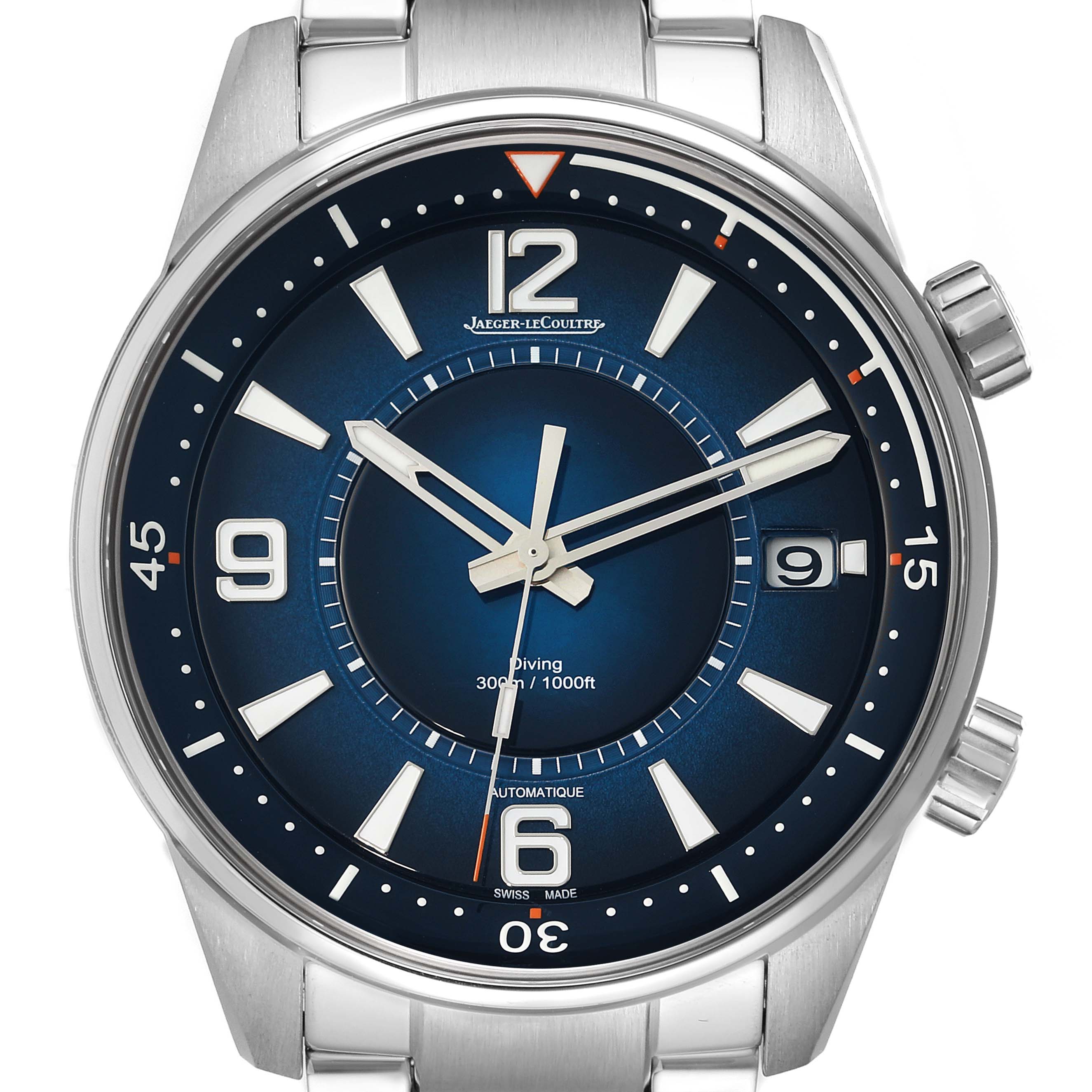 This image shows a front view of the Jaeger-LeCoultre Polaris watch, highlighting the dial, hands, and bezel.
