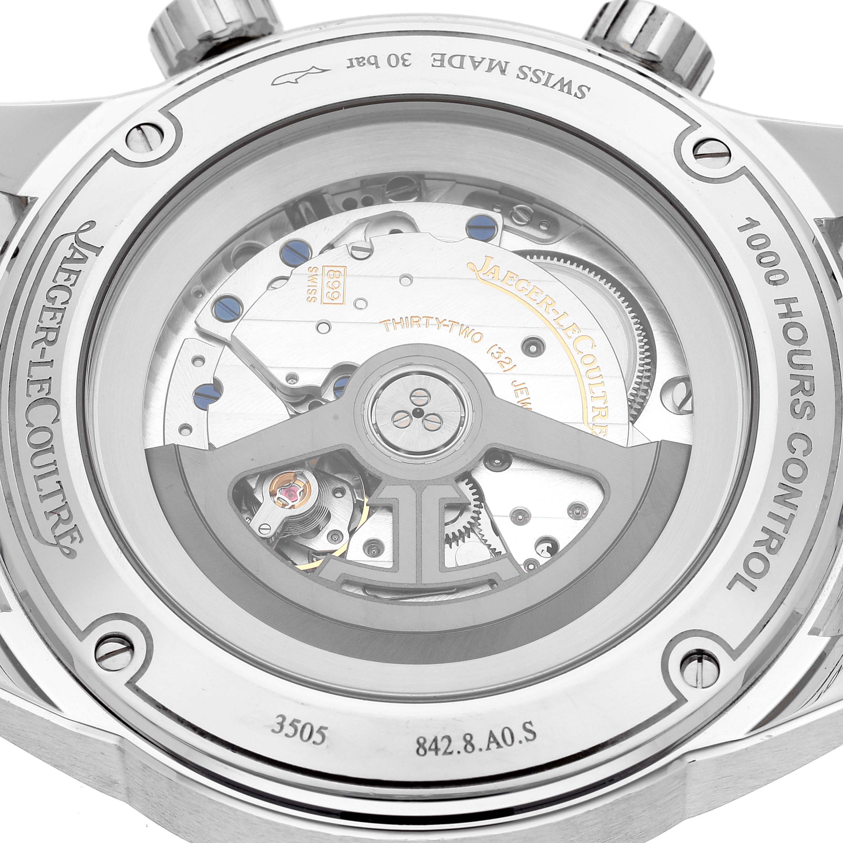 This image shows the back view of the Jaeger LeCoultre Polaris Q9068180 Men's Stainless Steel Blue Dial Q9068180 Men's Stainless Steel Blue Dial watch, highlighting its intricate mechanical movement.