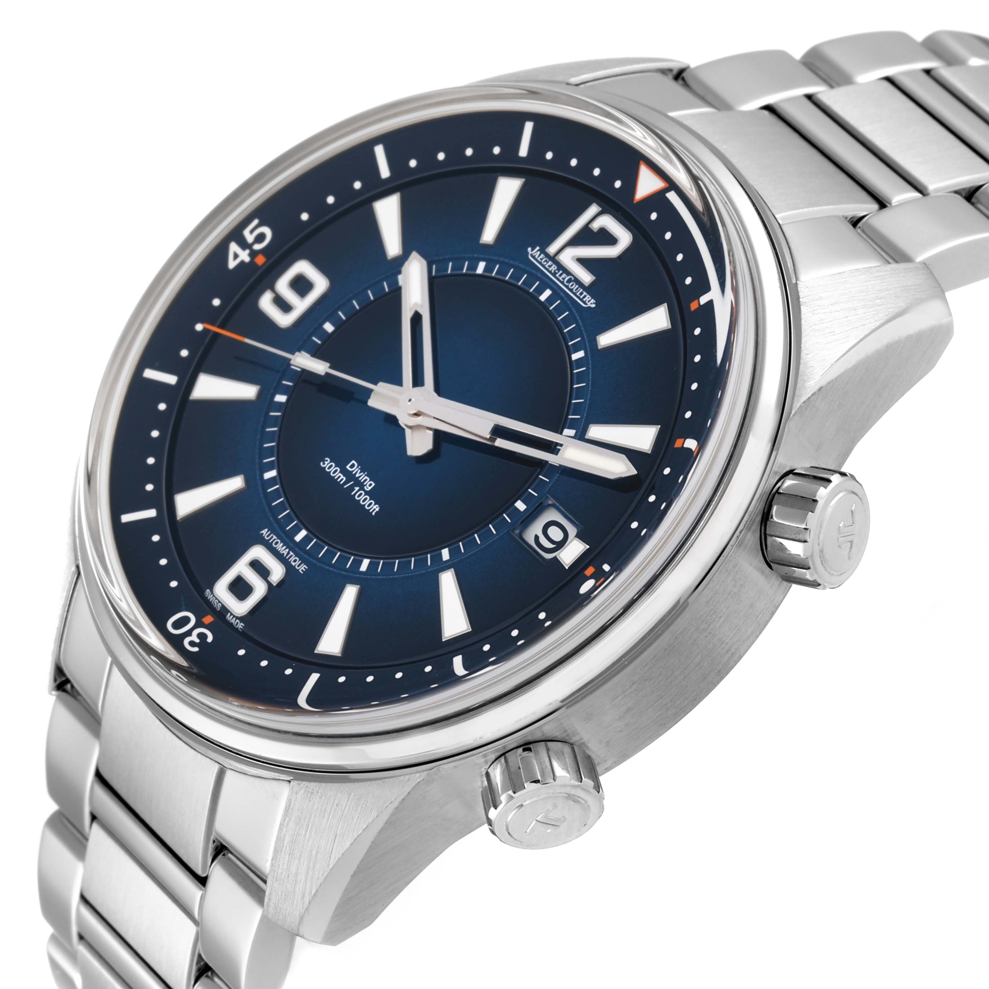 This is a side-angle view of the Jaeger LeCoultre Polaris Q9068180 Men's Stainless Steel Blue Dial Q9068180 Men's Stainless Steel Blue Dial watch, showing the face, bezel, crown, and metal bracelet.