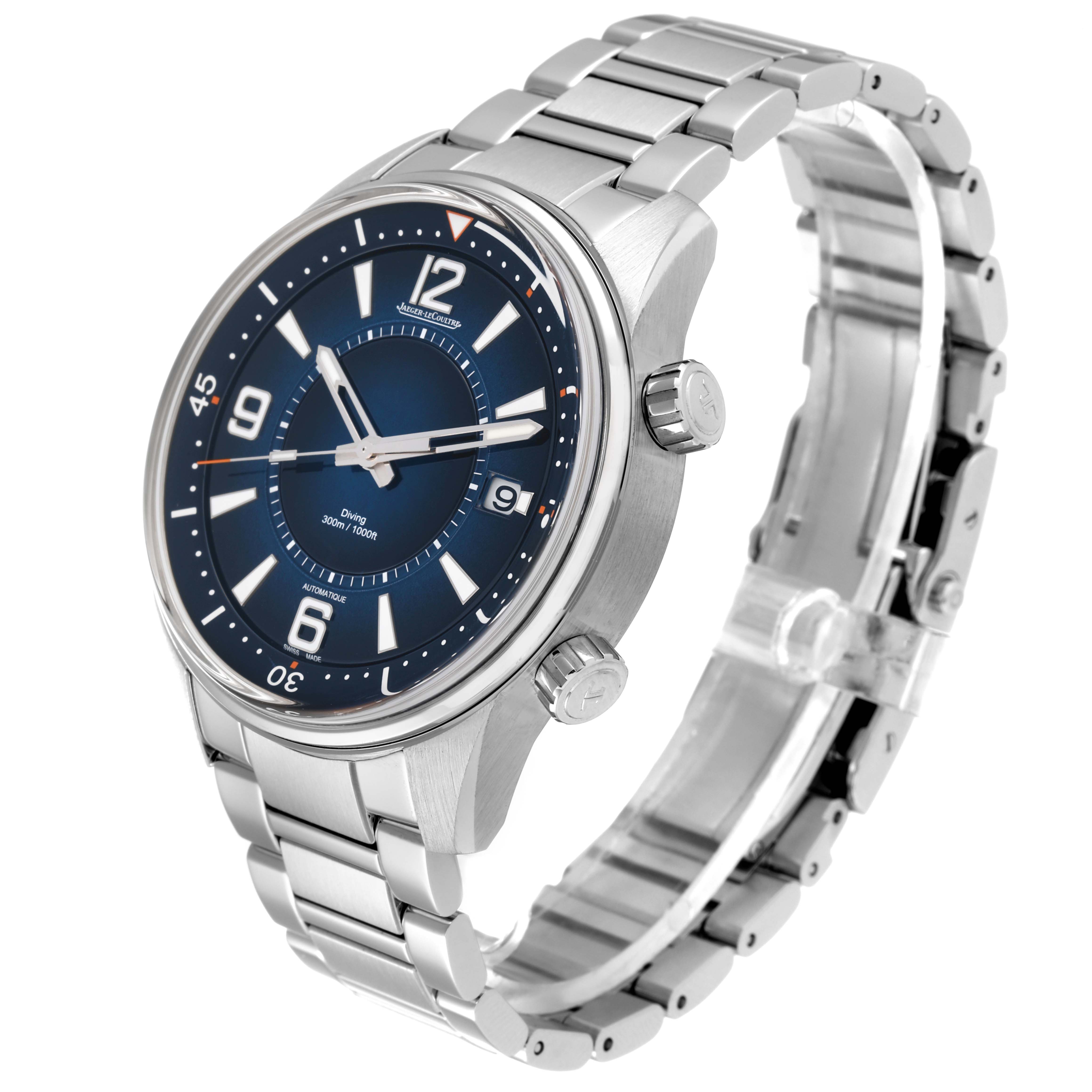 The image shows a Jaeger LeCoultre Polaris Q9068180 Men's Stainless Steel Blue Dial Q9068180 Men's Stainless Steel Blue Dial watch at a three-quarter angle, highlighting its face, bezel, and metal bracelet.