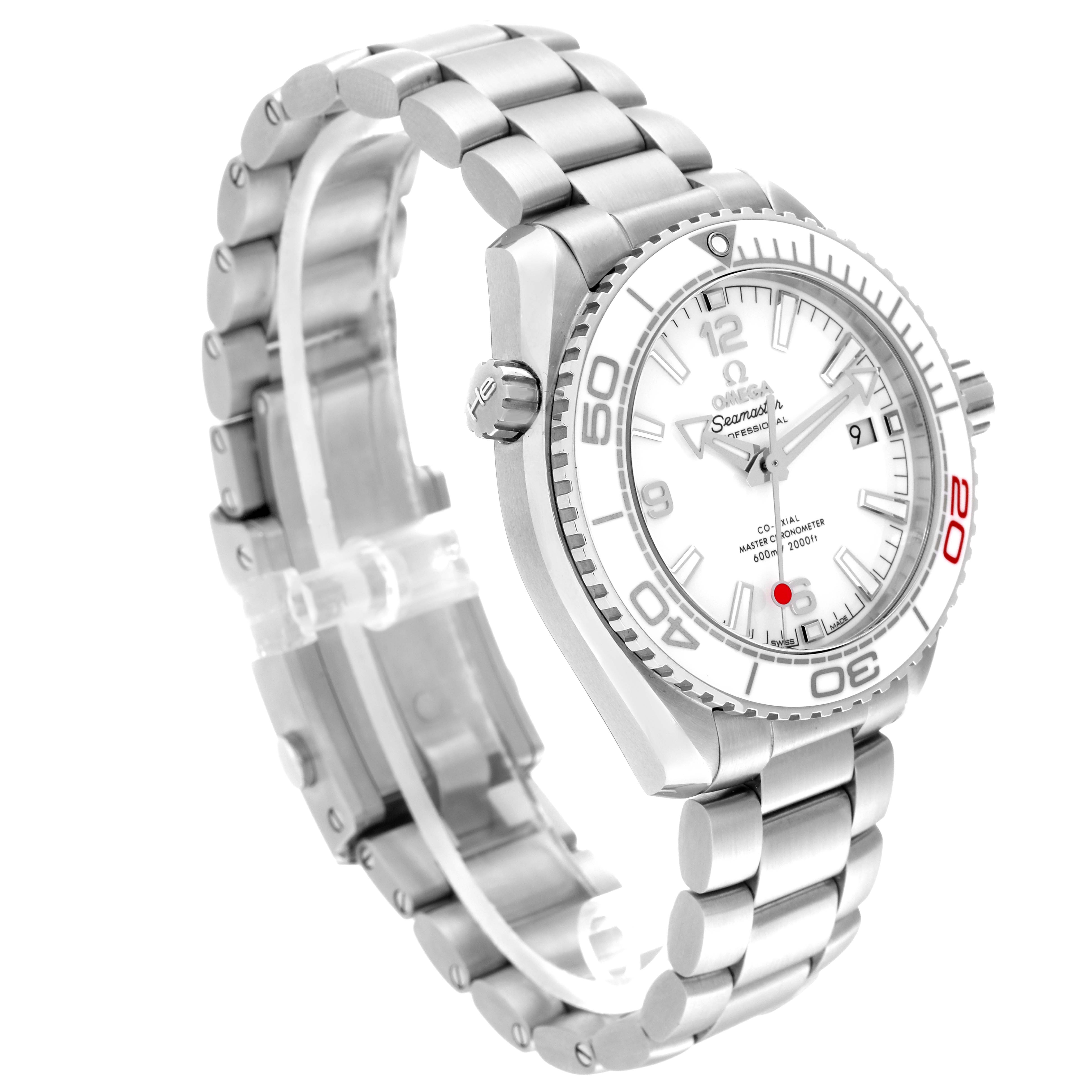 The image shows a side angle view of the Omega Seamaster Planet Ocean watch, highlighting its white dial, bezel, and metal bracelet.