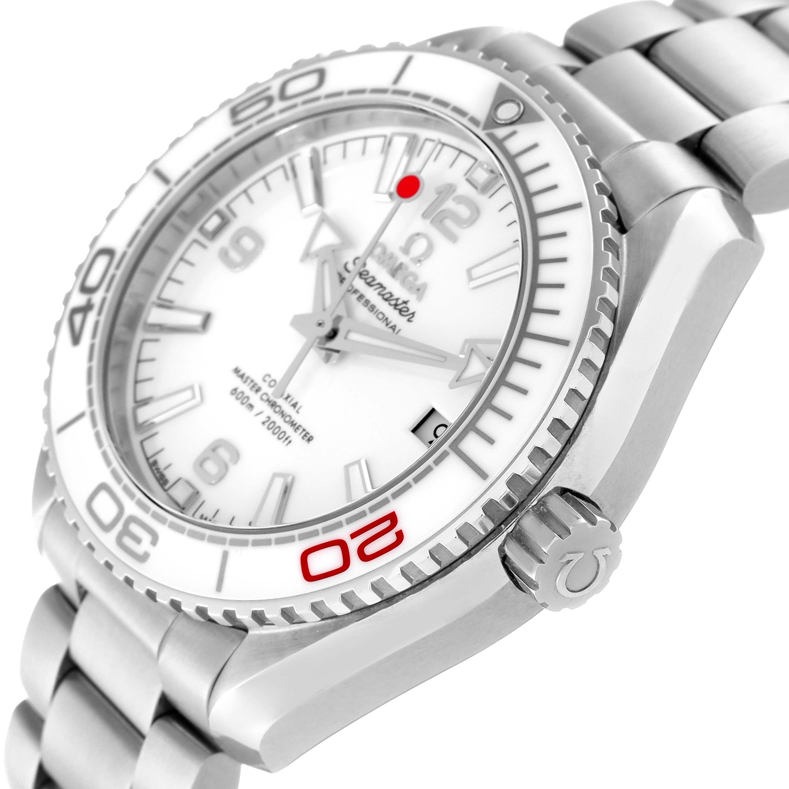 The image shows a close-up angled view of the Omega Planet Ocean 522.33.40.20.04.001 Men
s Stainless Steel White Dial 522.33.40.20.04.001 Men
s Stainless Steel White Dial watch, highlighting its face, bezel, crown, and part of the bracelet.