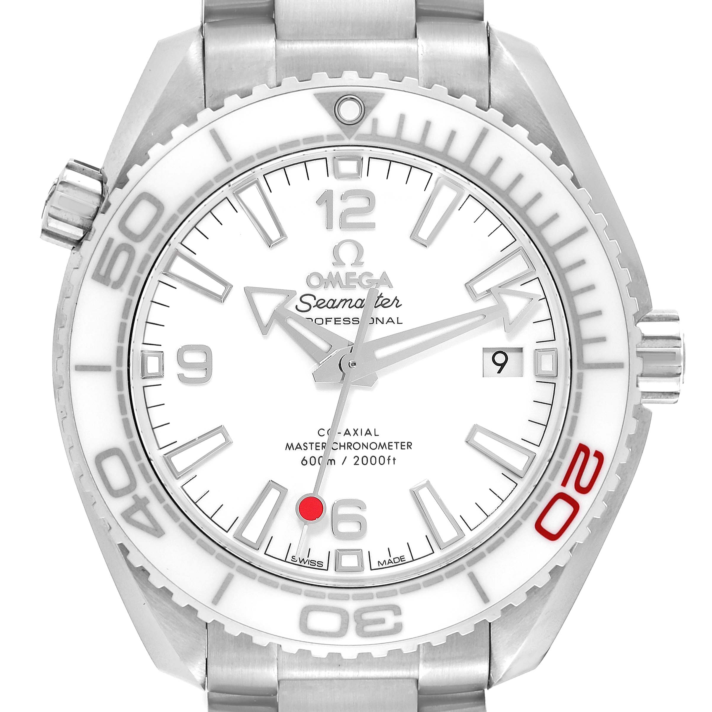 This image shows a front view of the Omega Planet Ocean 522.33.40.20.04.001 Men
s Stainless Steel White Dial 522.33.40.20.04.001 Men
s Stainless Steel White Dial Seamaster watch, highlighting the dial, bezel, and part of the bracelet.