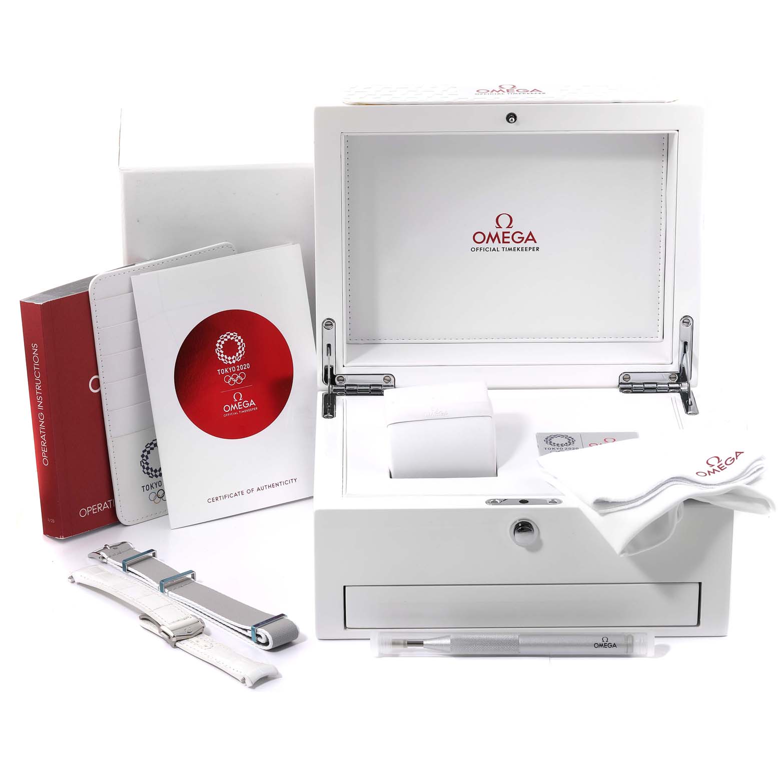 The Omega Planet Ocean 522.33.40.20.04.001 Men
s Stainless Steel White Dial 522.33.40.20.04.001 Men
s Stainless Steel White Dial watch packaging includes a white box, instructional booklets, a cloth, and additional straps.