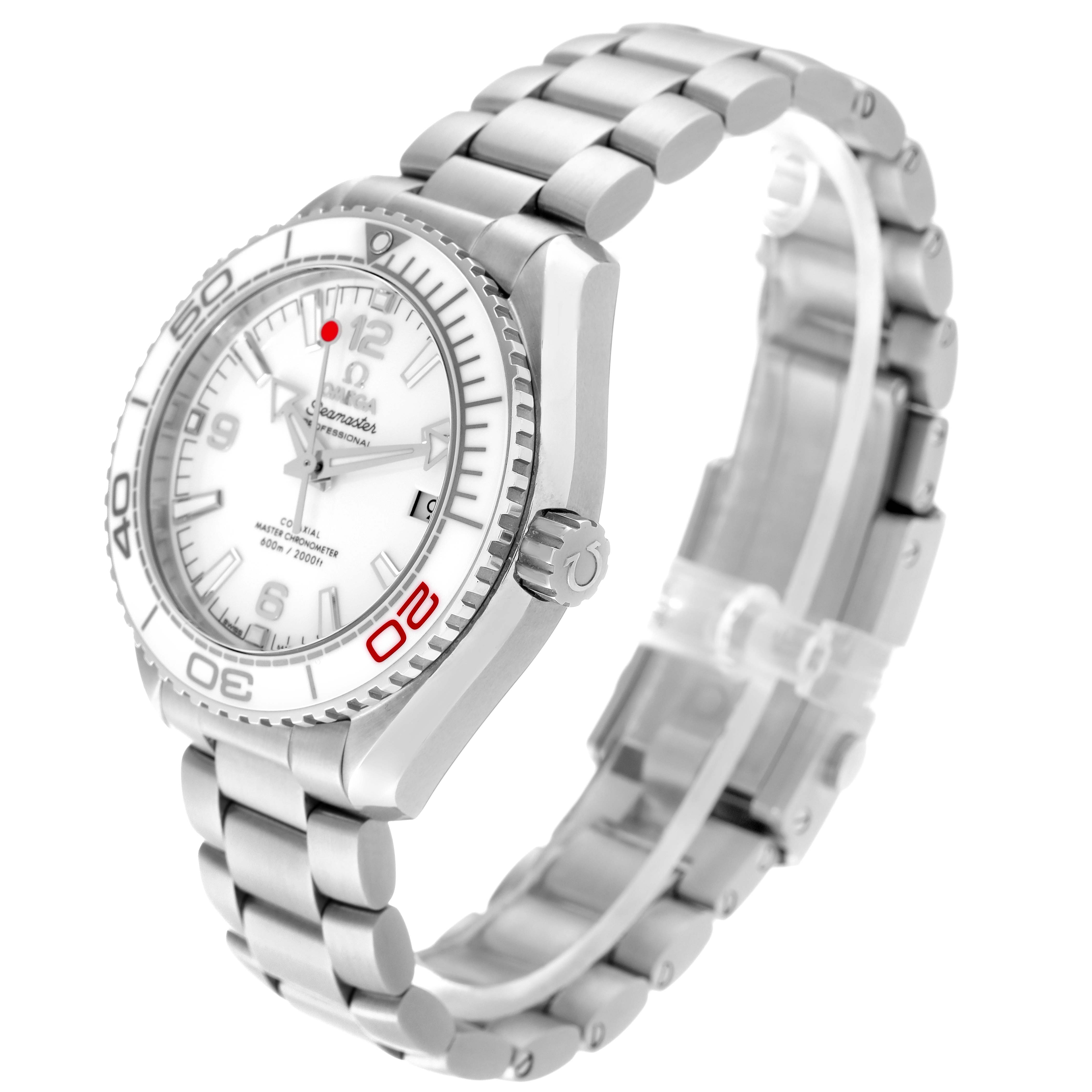 The image shows an angled side view of an Omega Planet Ocean 522.33.40.20.04.001 Men
s Stainless Steel White Dial 522.33.40.20.04.001 Men
s Stainless Steel White Dial watch, highlighting its bezel, crown, and stainless steel bracelet.