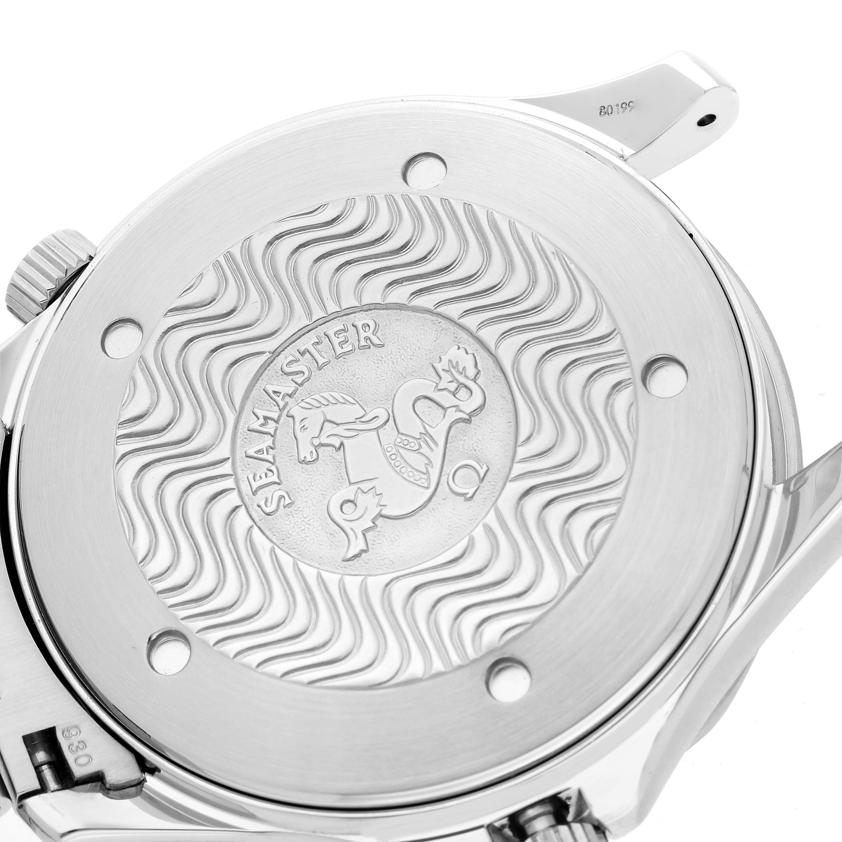 This image shows the case back of an Omega Seamaster 2255.80.00 Men
s Stainless Steel Blue Dial 2255.80.00 Men
s Stainless Steel Blue Dial watch, featuring its engraved design and branding.