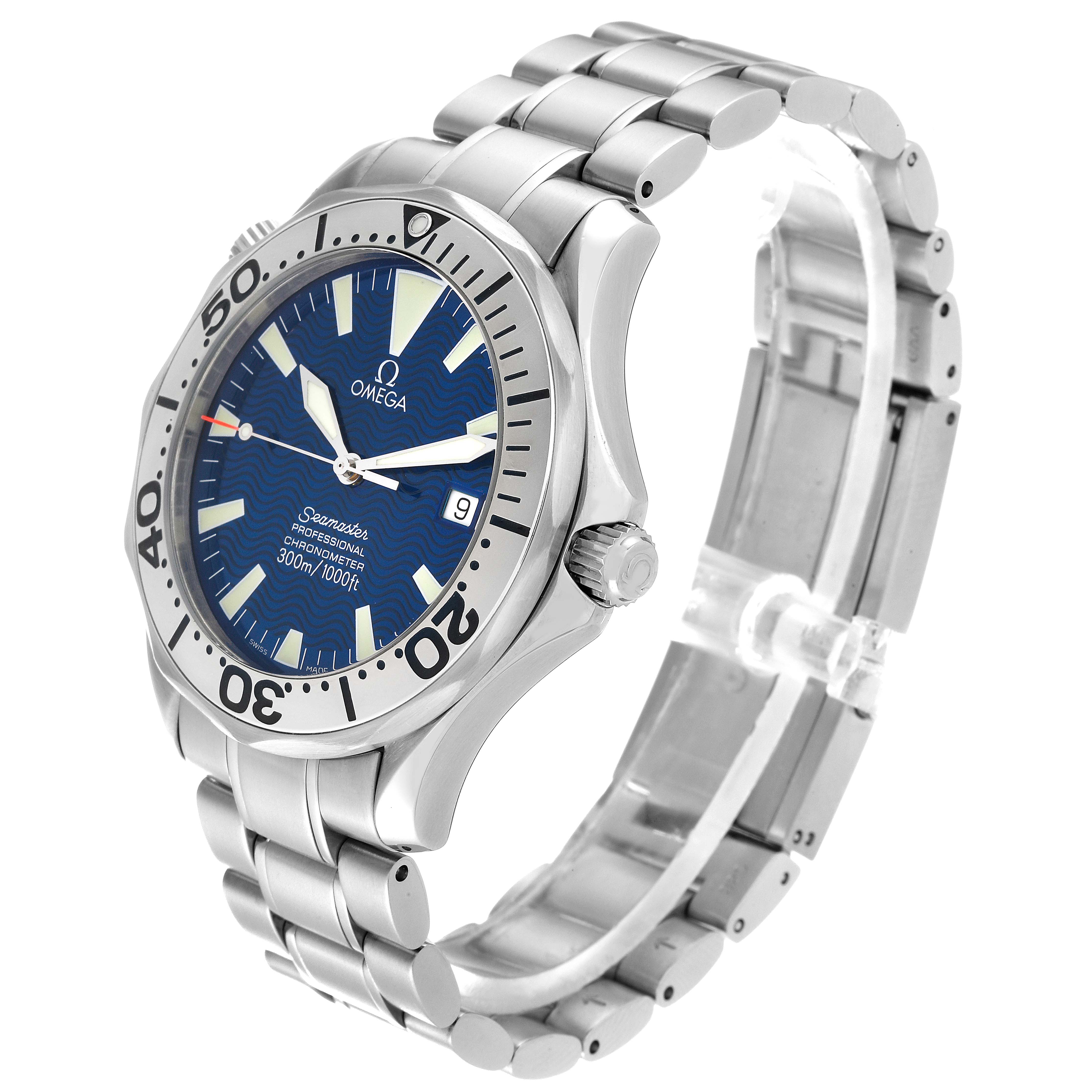 The Omega Seamaster 2255.80.00 Men
s Stainless Steel Blue Dial 2255.80.00 Men
s Stainless Steel Blue Dial watch is shown at an angled side view, highlighting its blue face, stainless steel bracelet, and bezel.