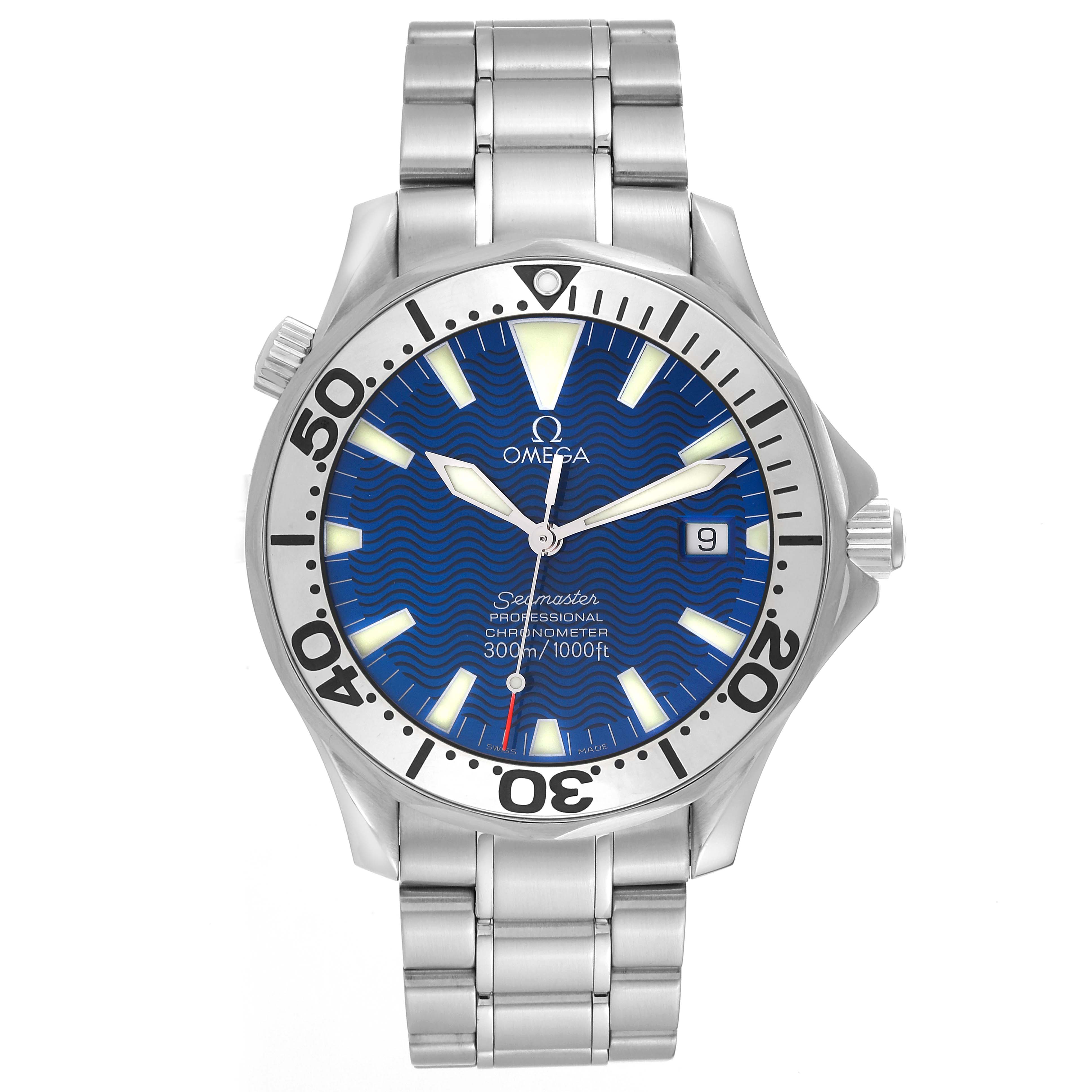 This image shows a front view of an Omega Seamaster 2255.80.00 Men
s Stainless Steel Blue Dial 2255.80.00 Men
s Stainless Steel Blue Dial watch, highlighting the dial, bezel, and stainless steel bracelet.