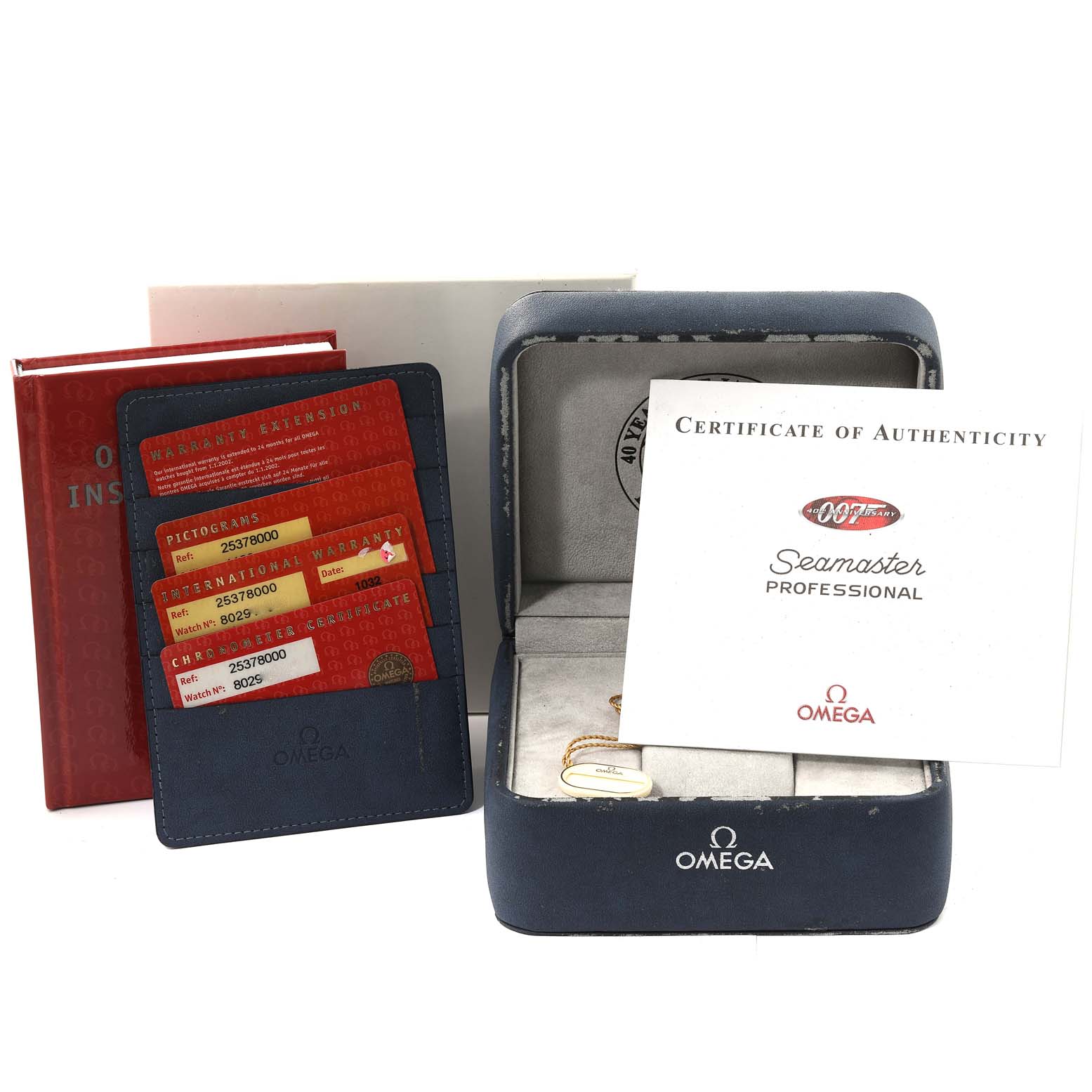 The image shows the packaging, certification, and warranty accessories for an Omega Seamaster 2537.80.00 Men
s Stainless Steel Blue Dial 2537.80.00 Men
s Stainless Steel Blue Dial watch.