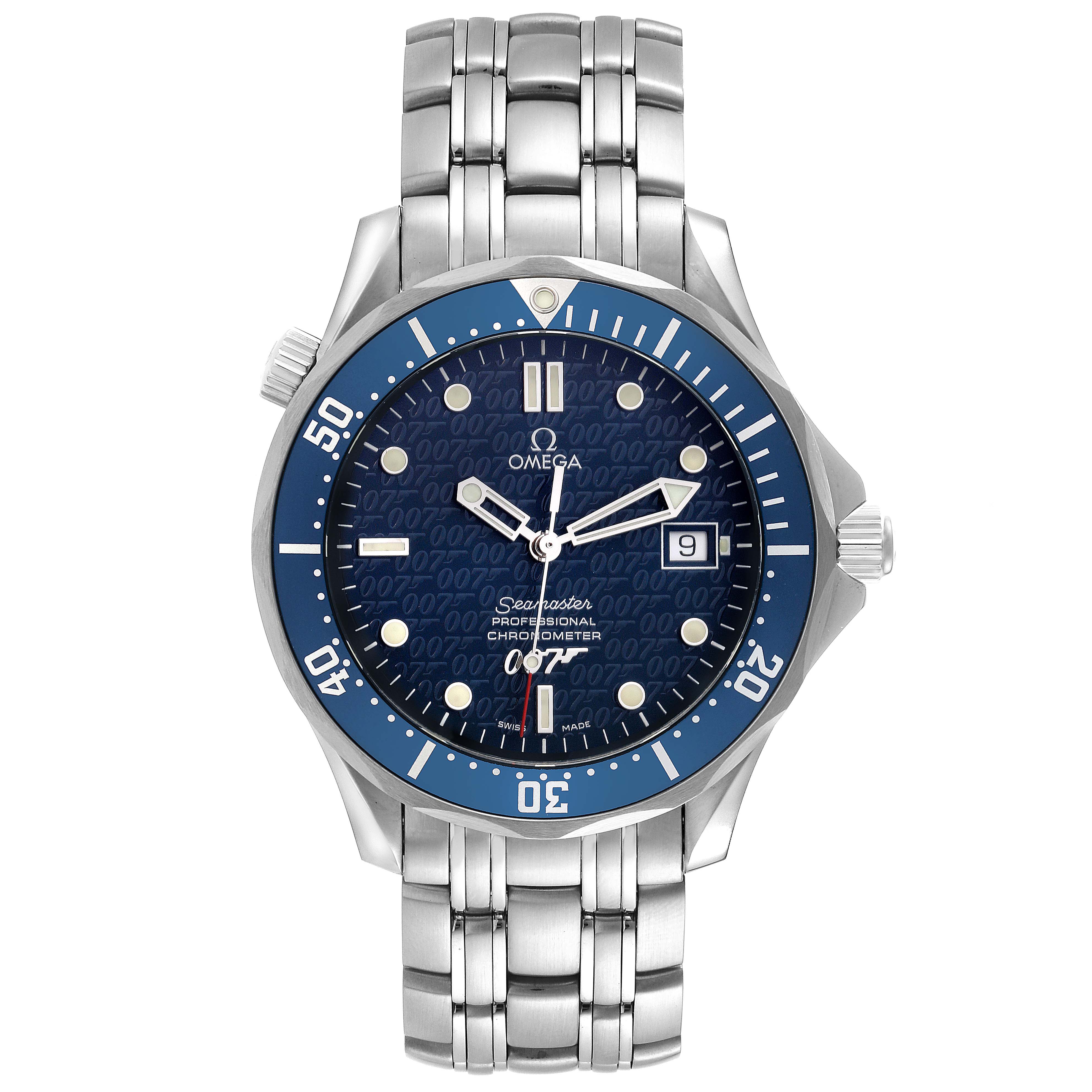The image shows a front view of the Omega Seamaster 2537.80.00 Men
s Stainless Steel Blue Dial 2537.80.00 Men
s Stainless Steel Blue Dial watch, highlighting its blue dial, silver bracelet, and date window.