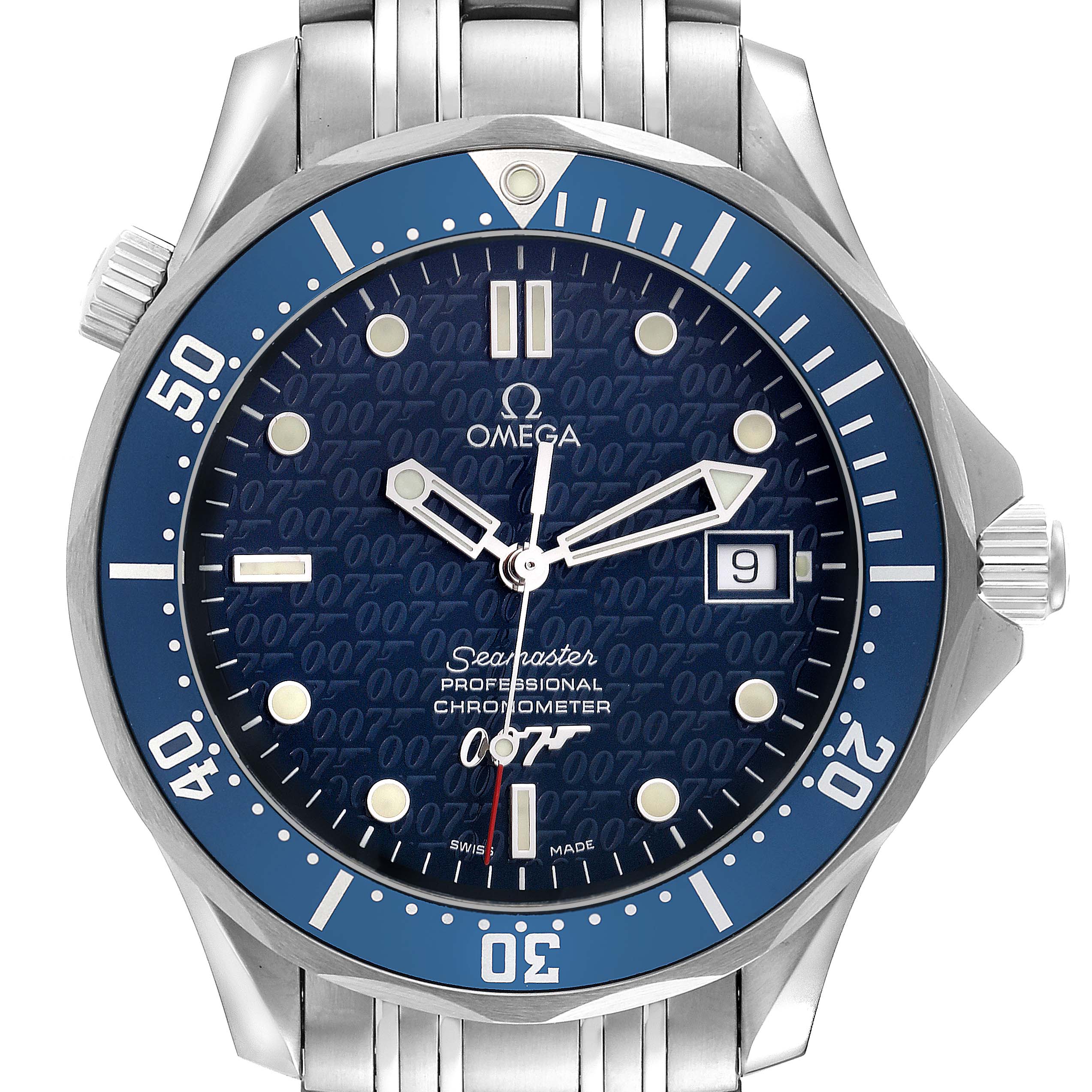 This image shows the face and part of the bracelet of an Omega Seamaster 2537.80.00 Men
s Stainless Steel Blue Dial 2537.80.00 Men
s Stainless Steel Blue Dial watch with a blue dial and bezel.