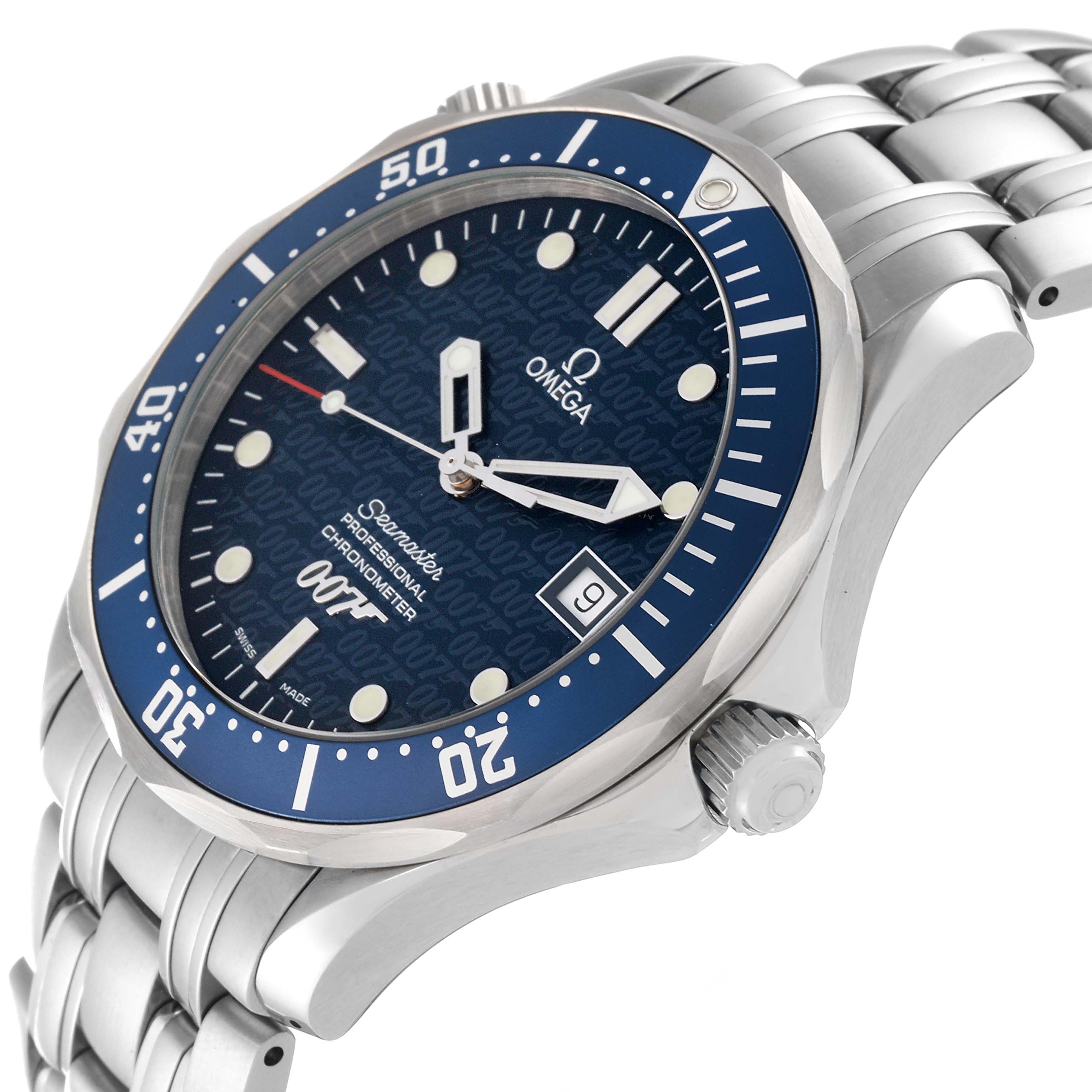 This Omega Seamaster 2537.80.00 Men
s Stainless Steel Blue Dial 2537.80.00 Men
s Stainless Steel Blue Dial watch is shown at an oblique angle displaying the dial, bezel, crown, and part of the metal bracelet.