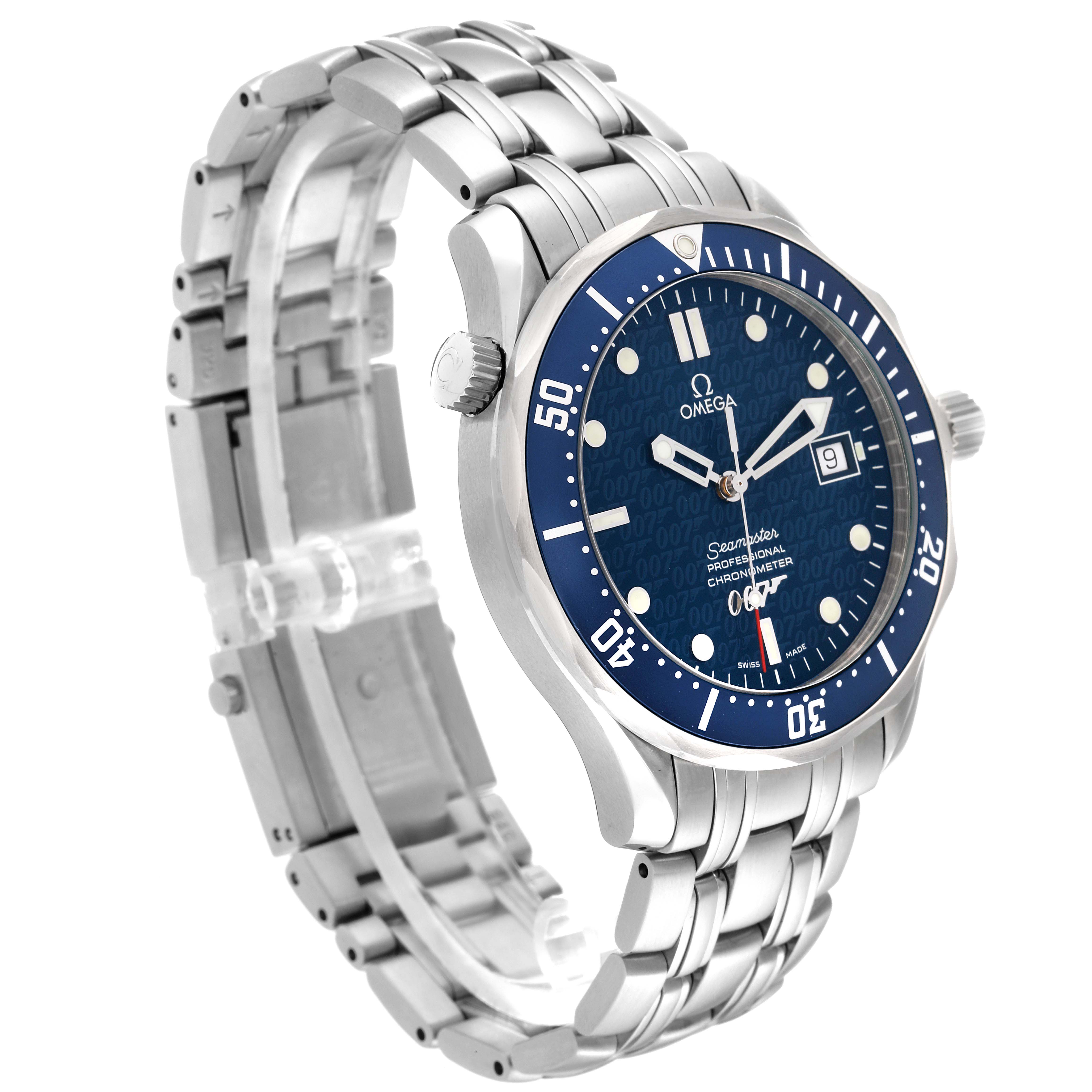 This image shows a side view of the Omega Seamaster 2537.80.00 Men
s Stainless Steel Blue Dial 2537.80.00 Men
s Stainless Steel Blue Dial watch, highlighting the watch face, case, crown, and part of the bracelet.
