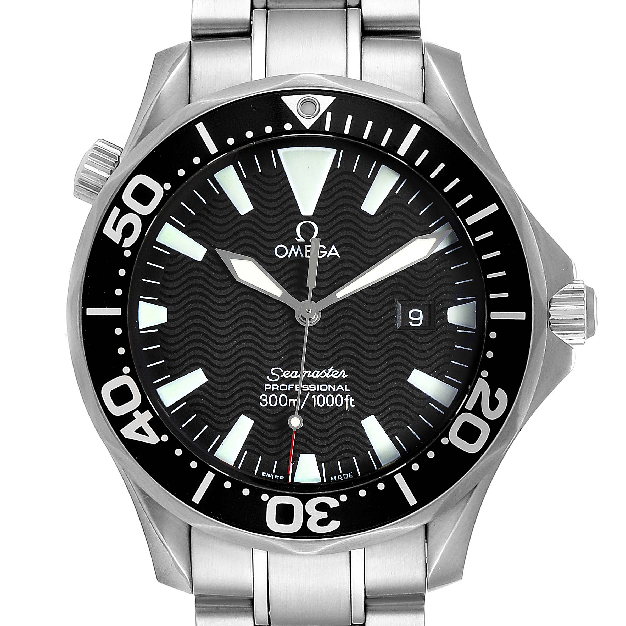 The image shows a front view of the Omega Seamaster 2264.50.00 Men
s Stainless Steel Black Dial 2264.50.00 Men
s Stainless Steel Black Dial watch, highlighting its dial, bezel, hands, and part of the bracelet.