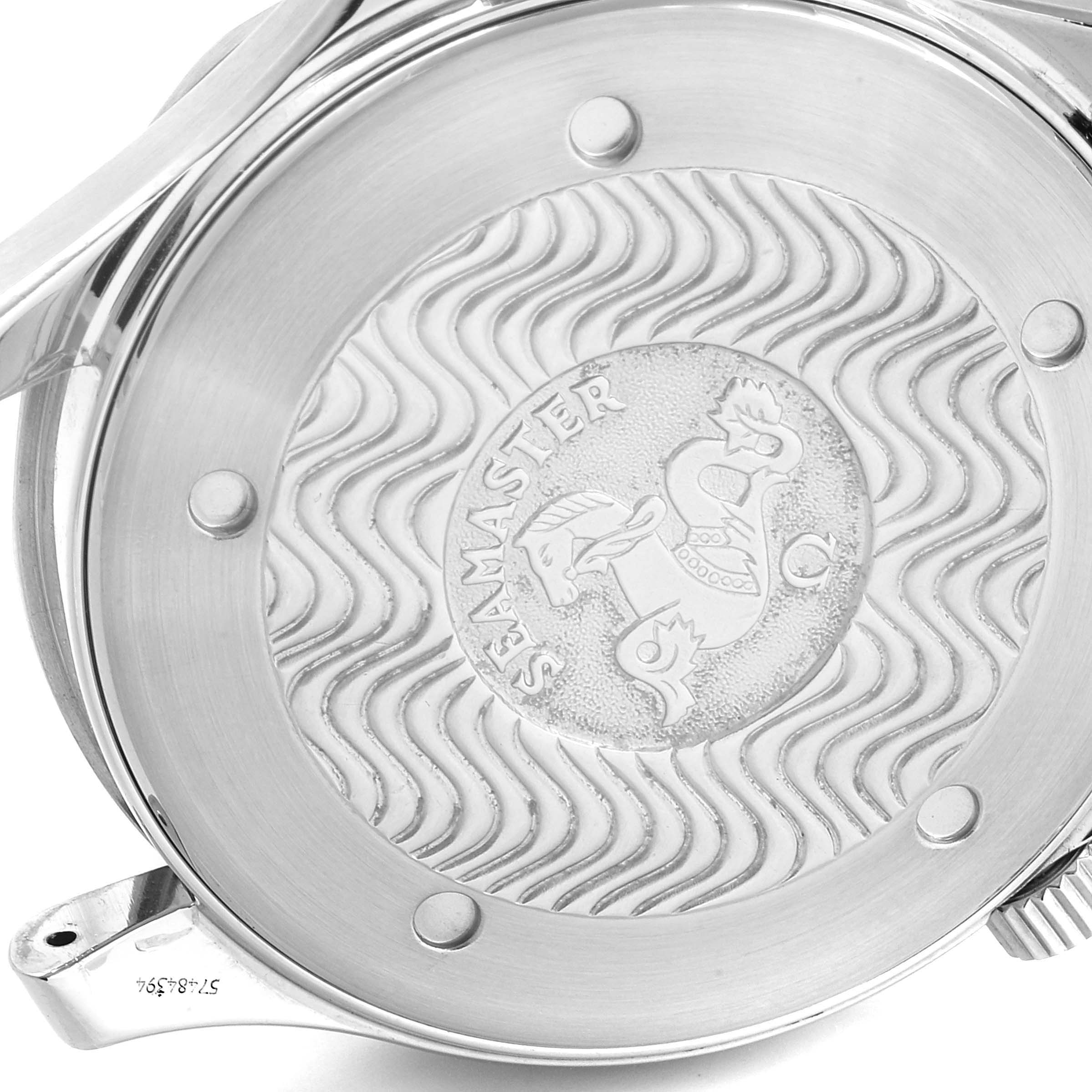 The image shows the polished case back of the Omega Seamaster 2264.50.00 Men
s Stainless Steel Black Dial 2264.50.00 Men
s Stainless Steel Black Dial watch with its distinct wave pattern and emblem.