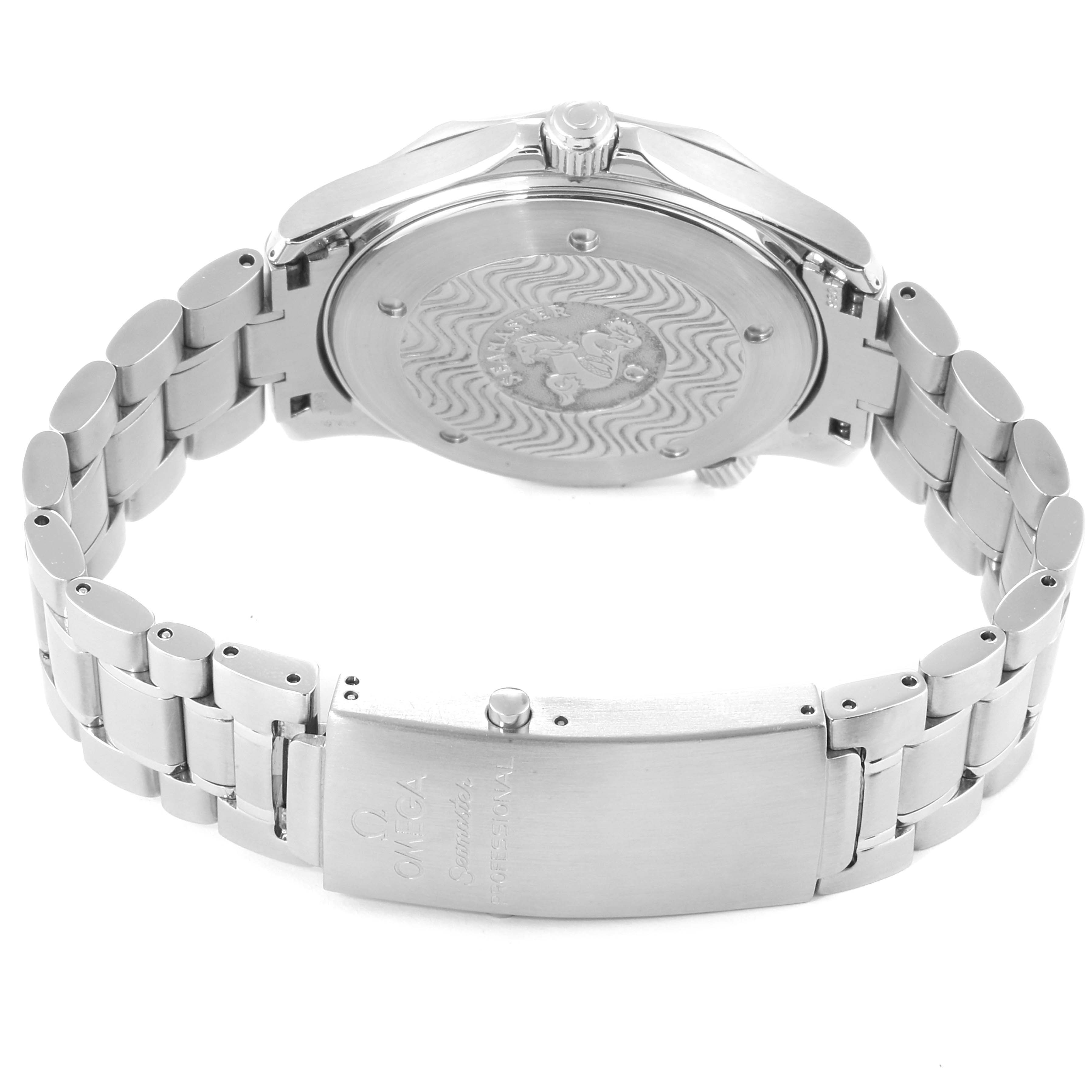 The image shows the back and bracelet of an Omega Seamaster 2264.50.00 Men
s Stainless Steel Black Dial 2264.50.00 Men
s Stainless Steel Black Dial watch, highlighting its clasp and case back.