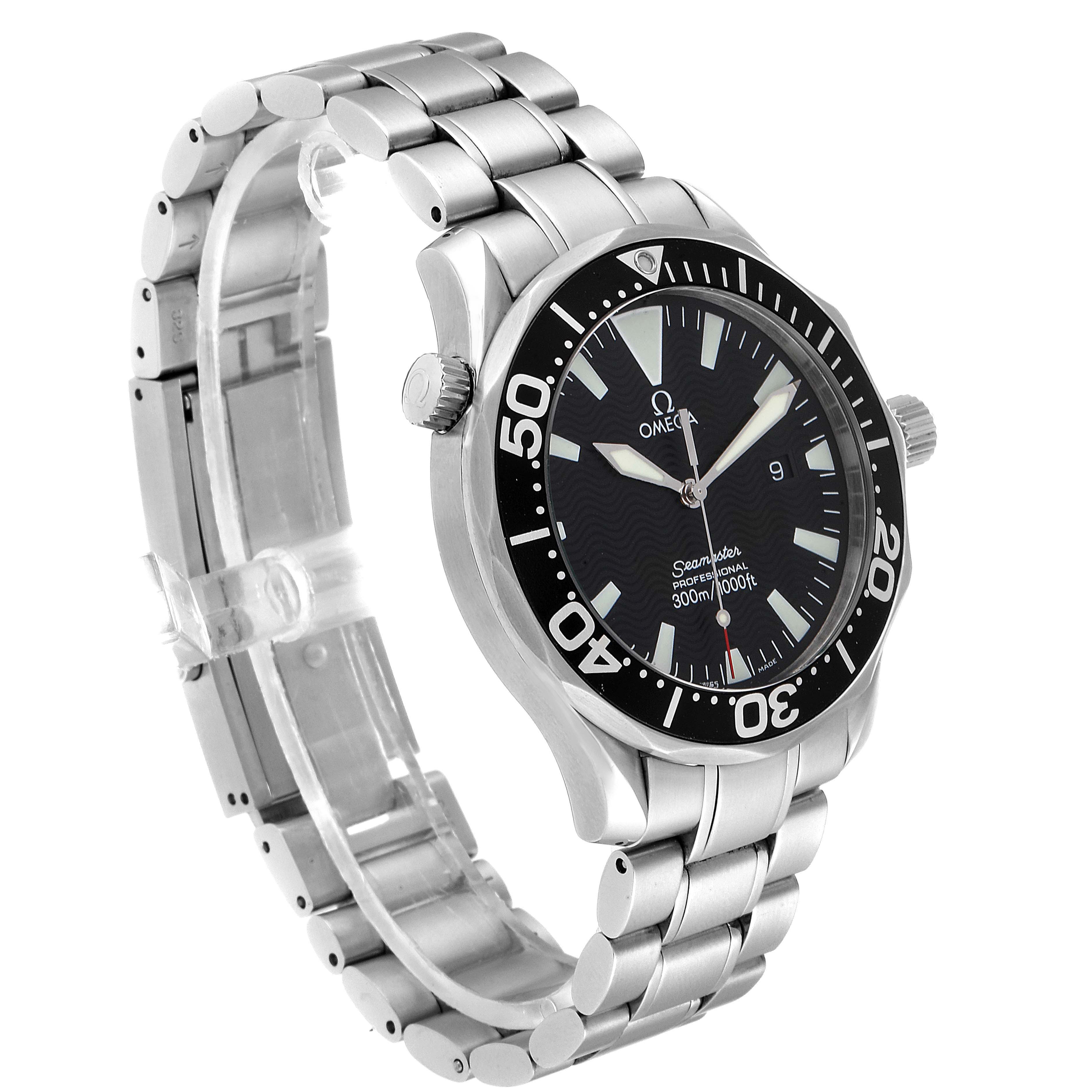 The Omega Seamaster 2264.50.00 Men
s Stainless Steel Black Dial 2264.50.00 Men
s Stainless Steel Black Dial watch is shown at a three-quarter angle, displaying the face, bezel, and metal bracelet.