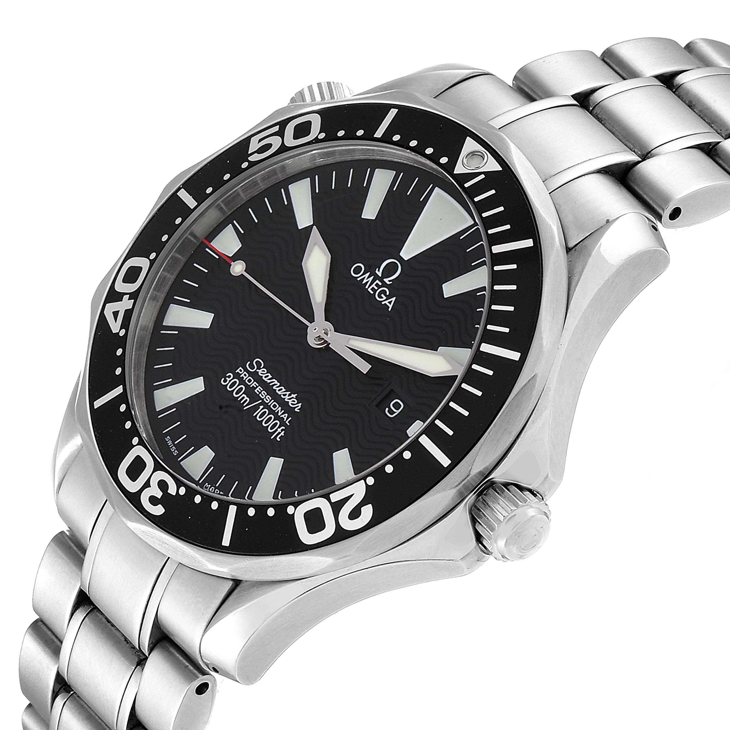 The image shows an Omega Seamaster 2264.50.00 Men
s Stainless Steel Black Dial 2264.50.00 Men
s Stainless Steel Black Dial watch from a side angle, highlighting the face, bezel, crown, and part of the bracelet.