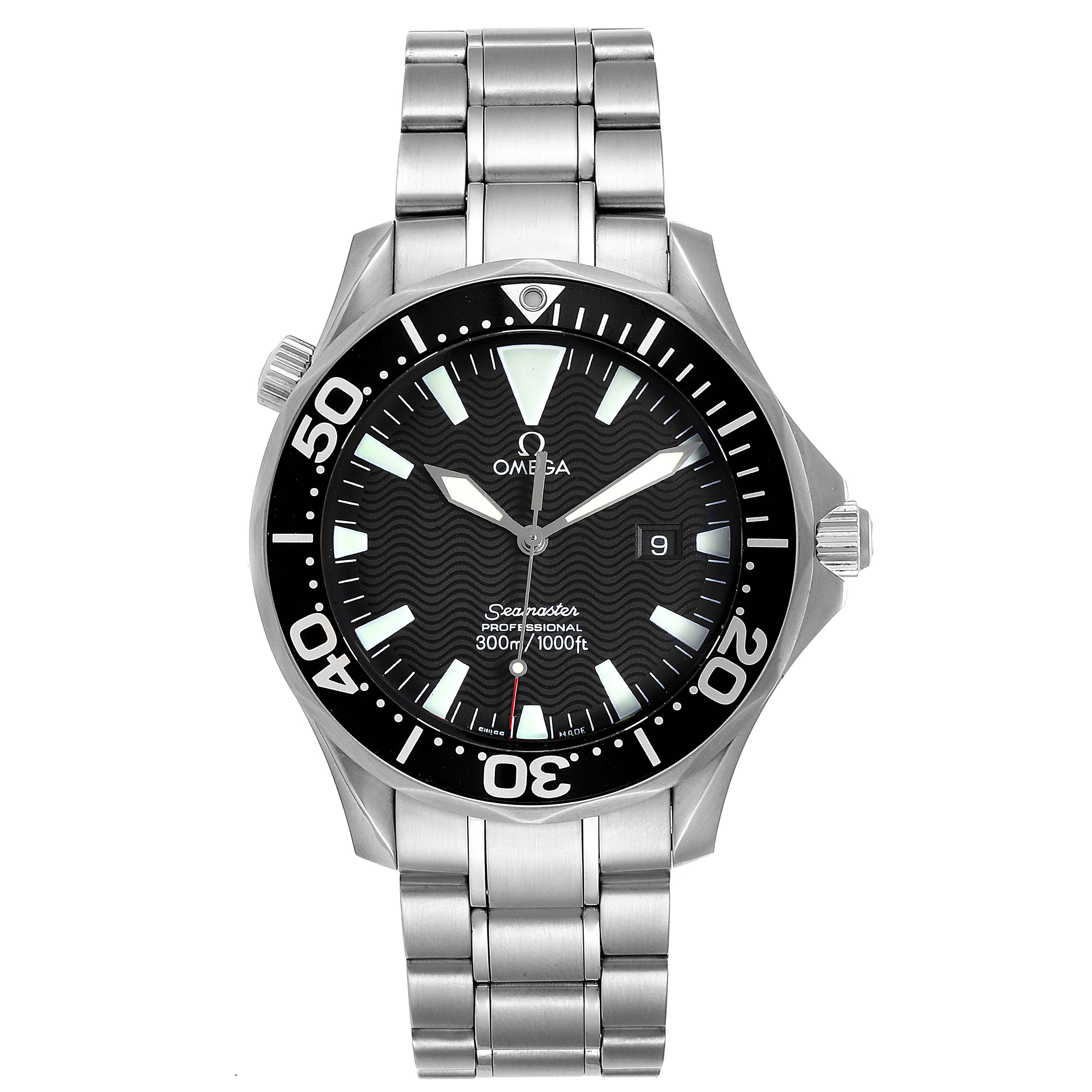 The Omega Seamaster 2264.50.00 Men
s Stainless Steel Black Dial 2264.50.00 Men
s Stainless Steel Black Dial watch is shown from a front view, displaying the face, bezel, crown, and bracelet.