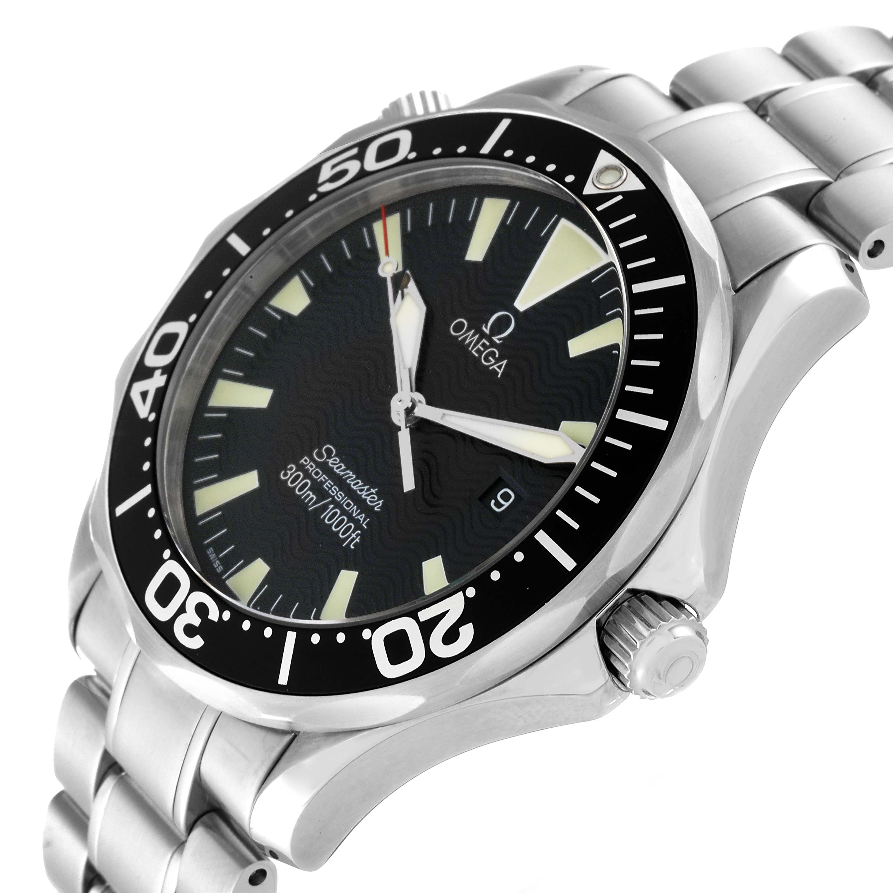 The image shows a side angle of the Omega Seamaster 2264.50.00 Men
s Stainless Steel Black Dial 2264.50.00 Men
s Stainless Steel Black Dial watch, highlighting the dial, bezel, crown, and part of the bracelet.