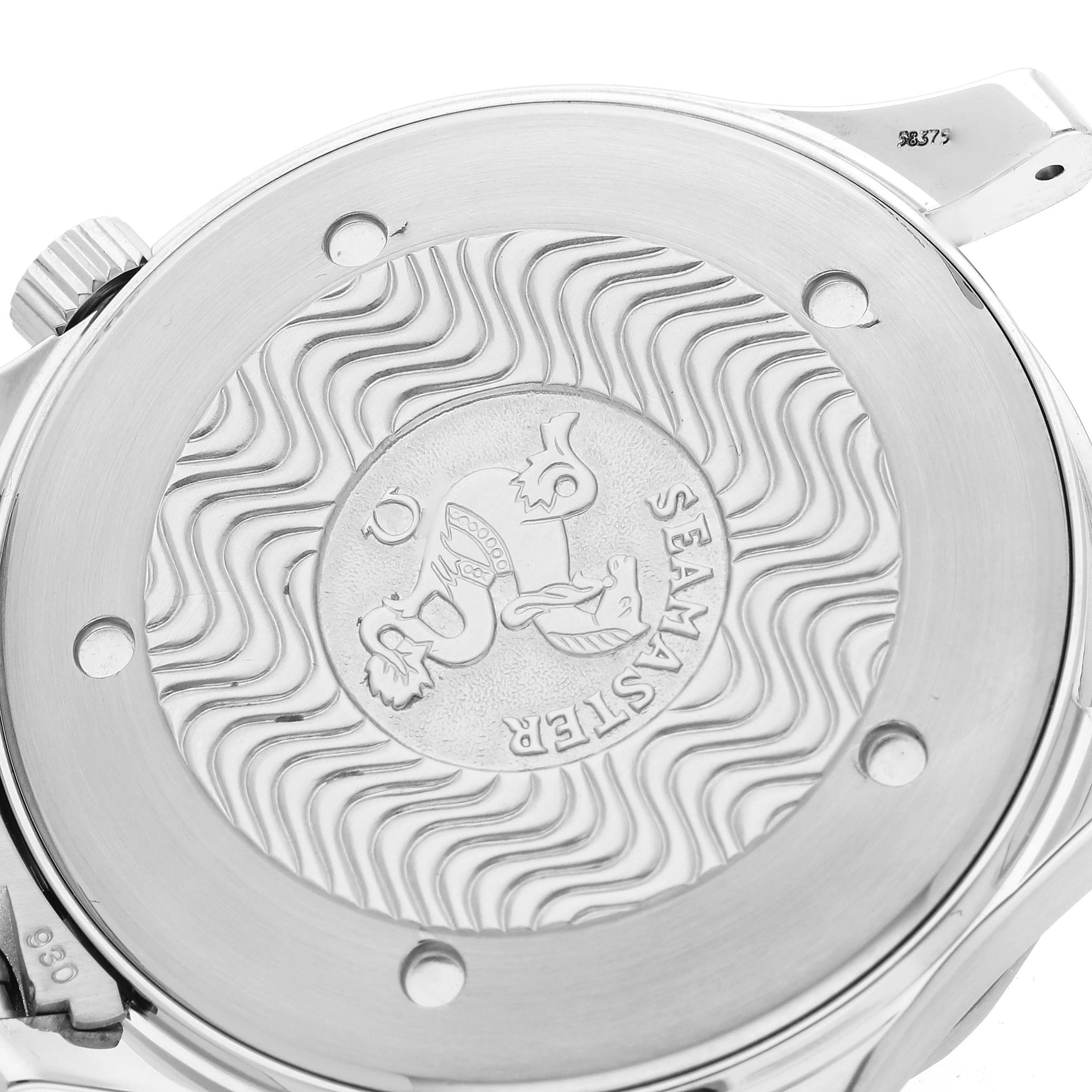 The image shows the back case of an Omega Seamaster 2264.50.00 Men
s Stainless Steel Black Dial 2264.50.00 Men
s Stainless Steel Black Dial watch, featuring its distinctive wave pattern and emblem.