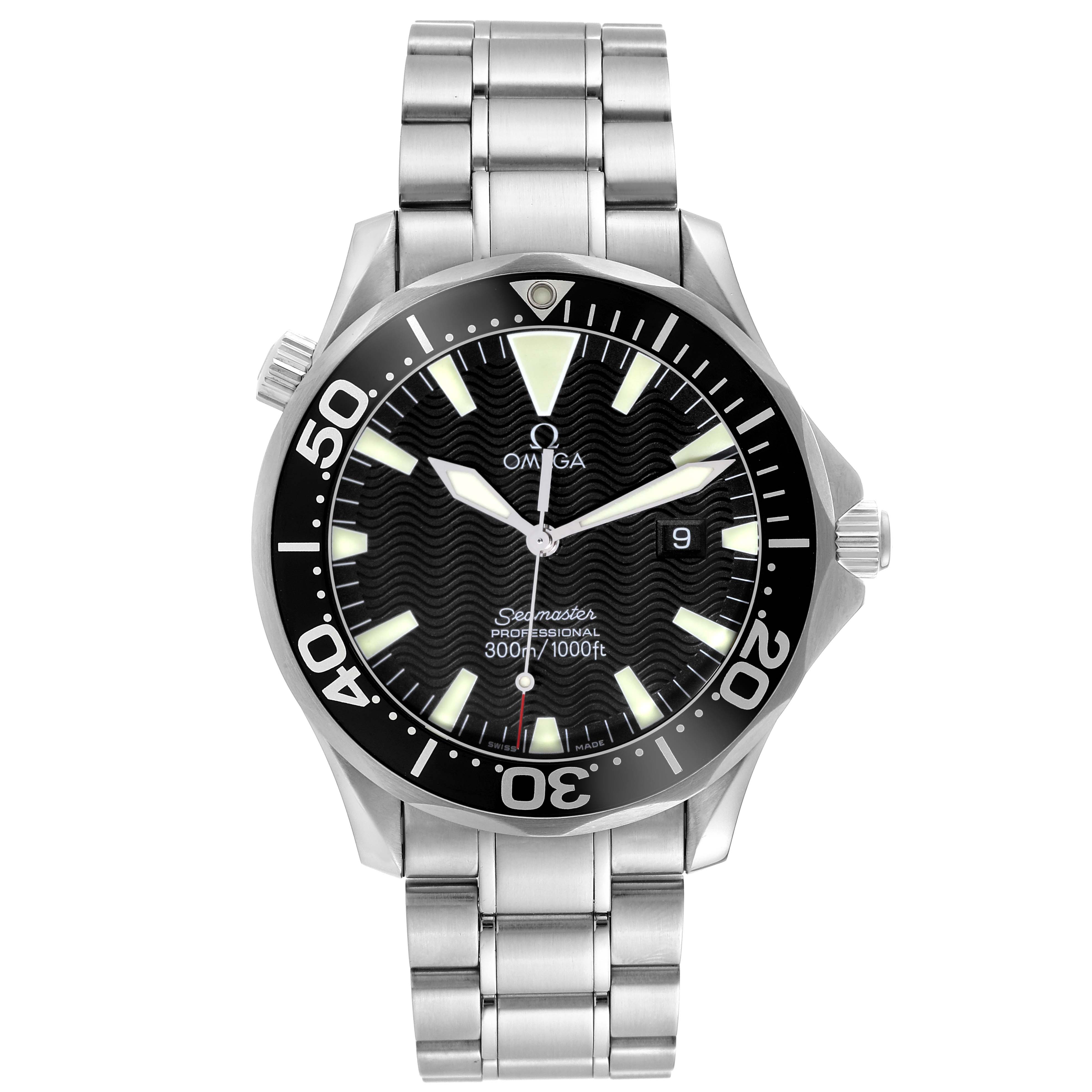The image shows a front view of the Omega Seamaster 2264.50.00 Men
s Stainless Steel Black Dial 2264.50.00 Men
s Stainless Steel Black Dial watch, displaying its dial, bezel, bracelet, and crown.