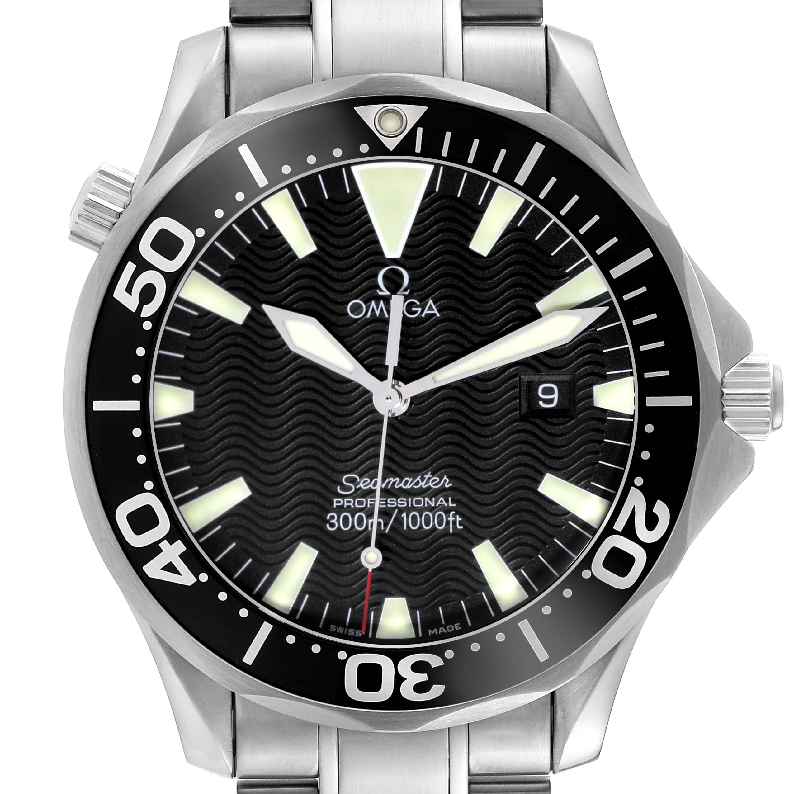 The image shows a front view of an Omega Seamaster 2264.50.00 Men
s Stainless Steel Black Dial 2264.50.00 Men
s Stainless Steel Black Dial watch, highlighting the dial, bezel, crown, and part of the bracelet.
