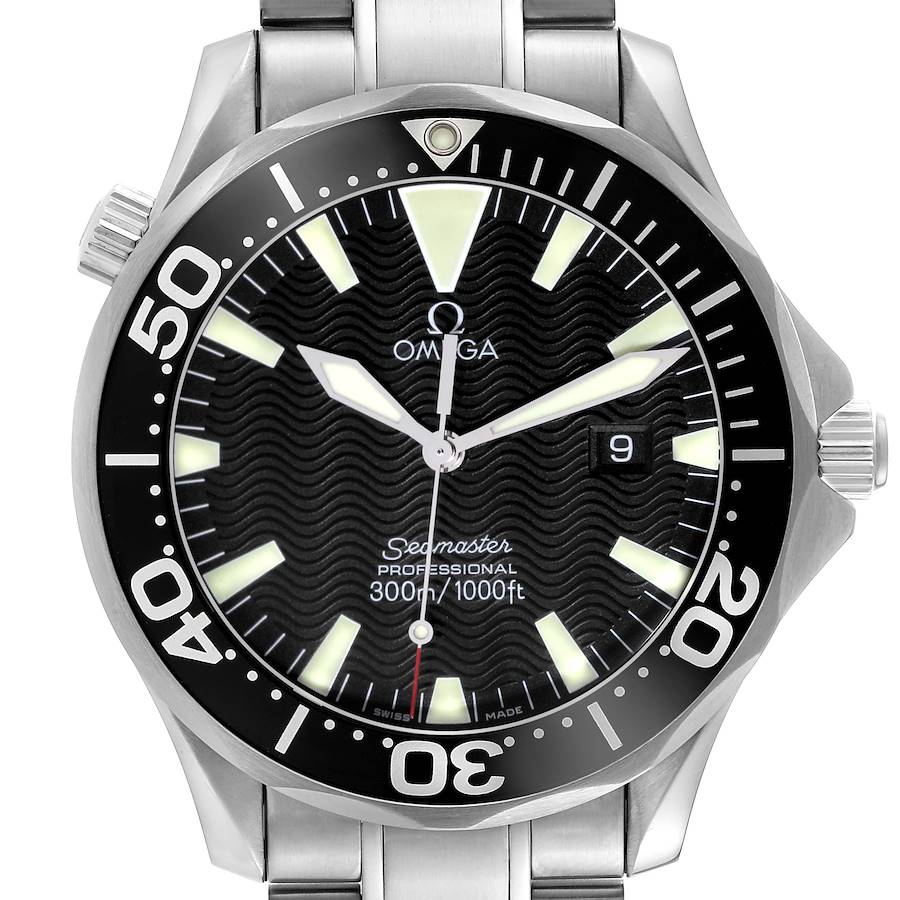 The image shows a front view of an Omega Seamaster watch, highlighting the dial, bezel, crown, and part of the bracelet.