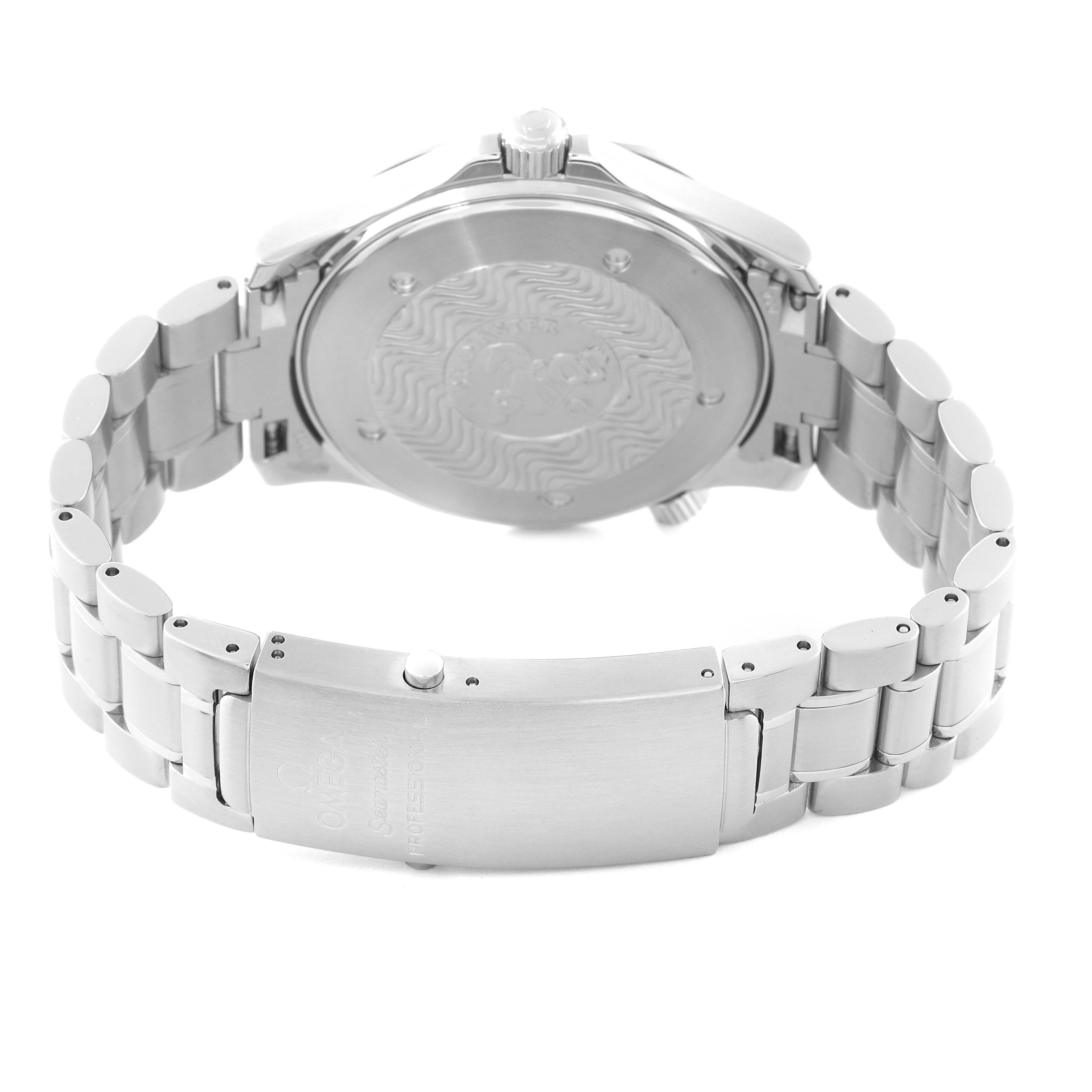 The image shows the back and clasp of an Omega Seamaster 2264.50.00 Men
s Stainless Steel Black Dial 2264.50.00 Men
s Stainless Steel Black Dial watch, highlighting its metal bracelet and rear case design.