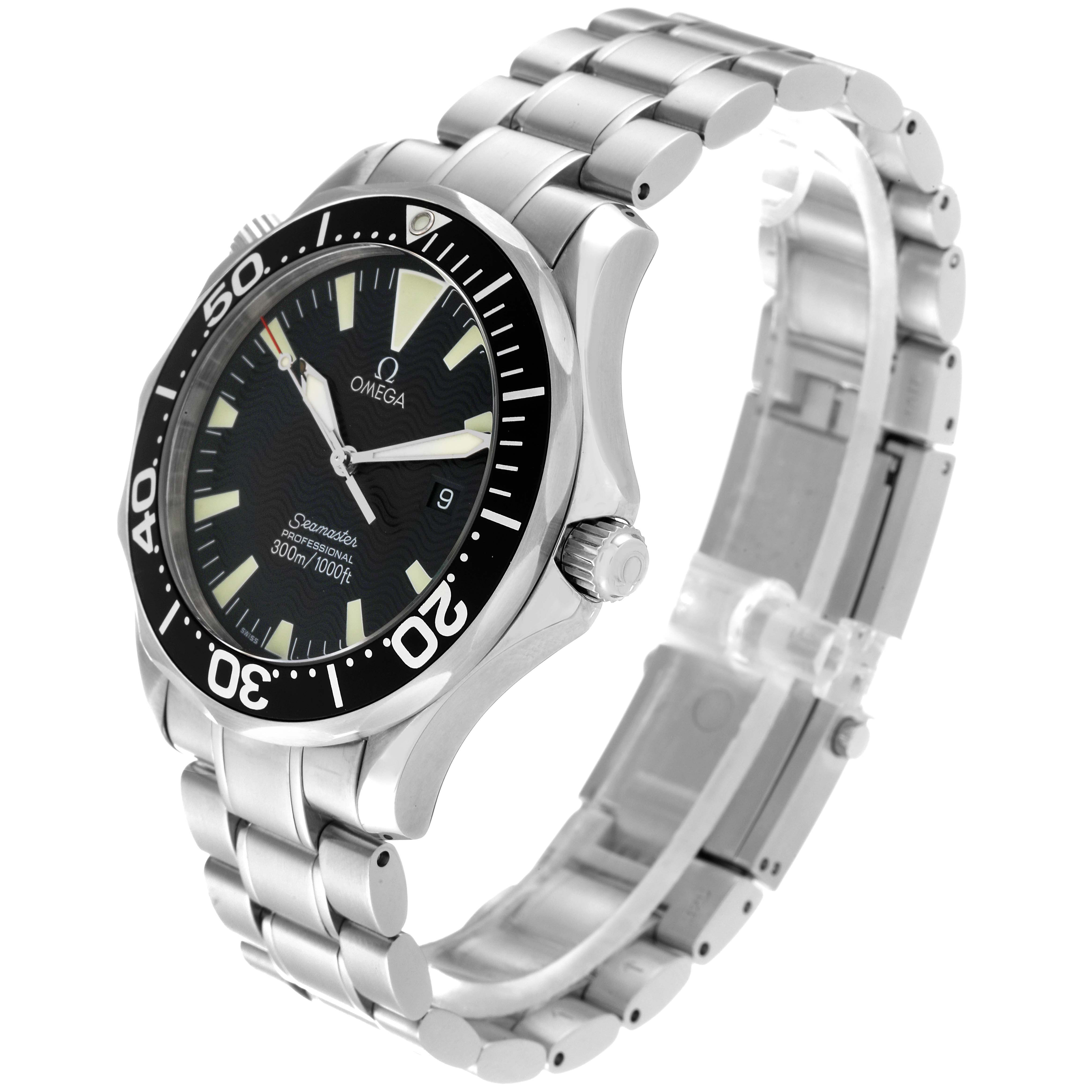 The Omega Seamaster 2264.50.00 Men
s Stainless Steel Black Dial 2264.50.00 Men
s Stainless Steel Black Dial watch is shown at an angled side view, highlighting its bezel, dial, and stainless steel bracelet.