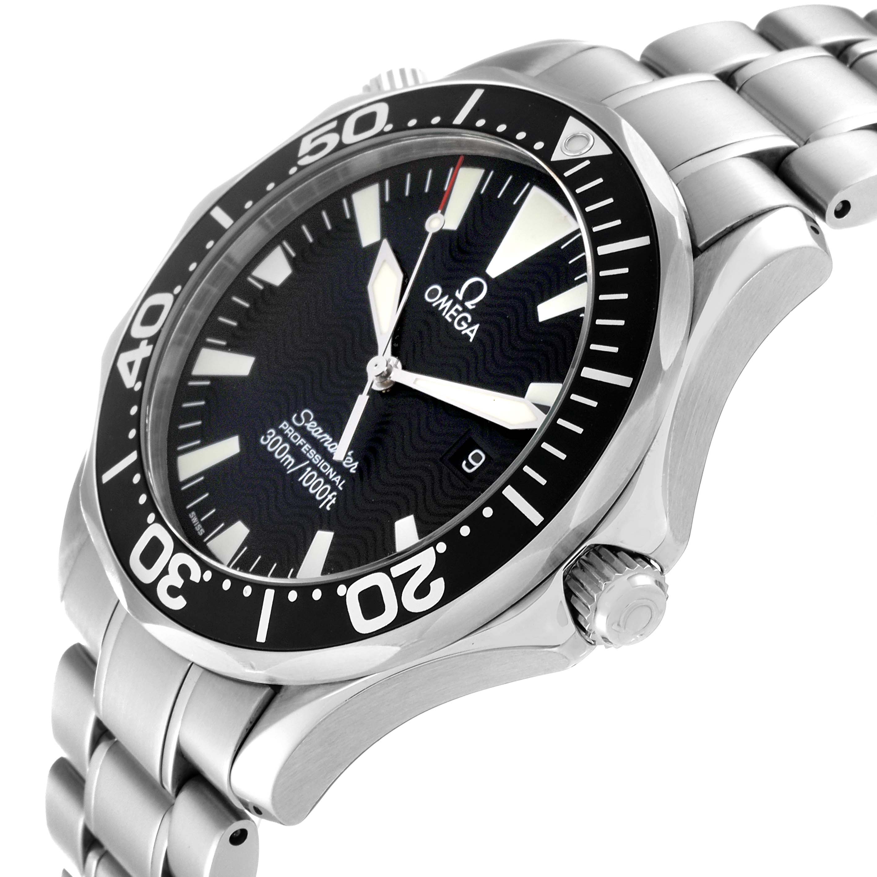 The image shows an angled view of an Omega Seamaster 2264.50.00 Men
s Stainless Steel Black Dial 2264.50.00 Men
s Stainless Steel Black Dial watch, highlighting the face, bezel, case, and part of the bracelet.