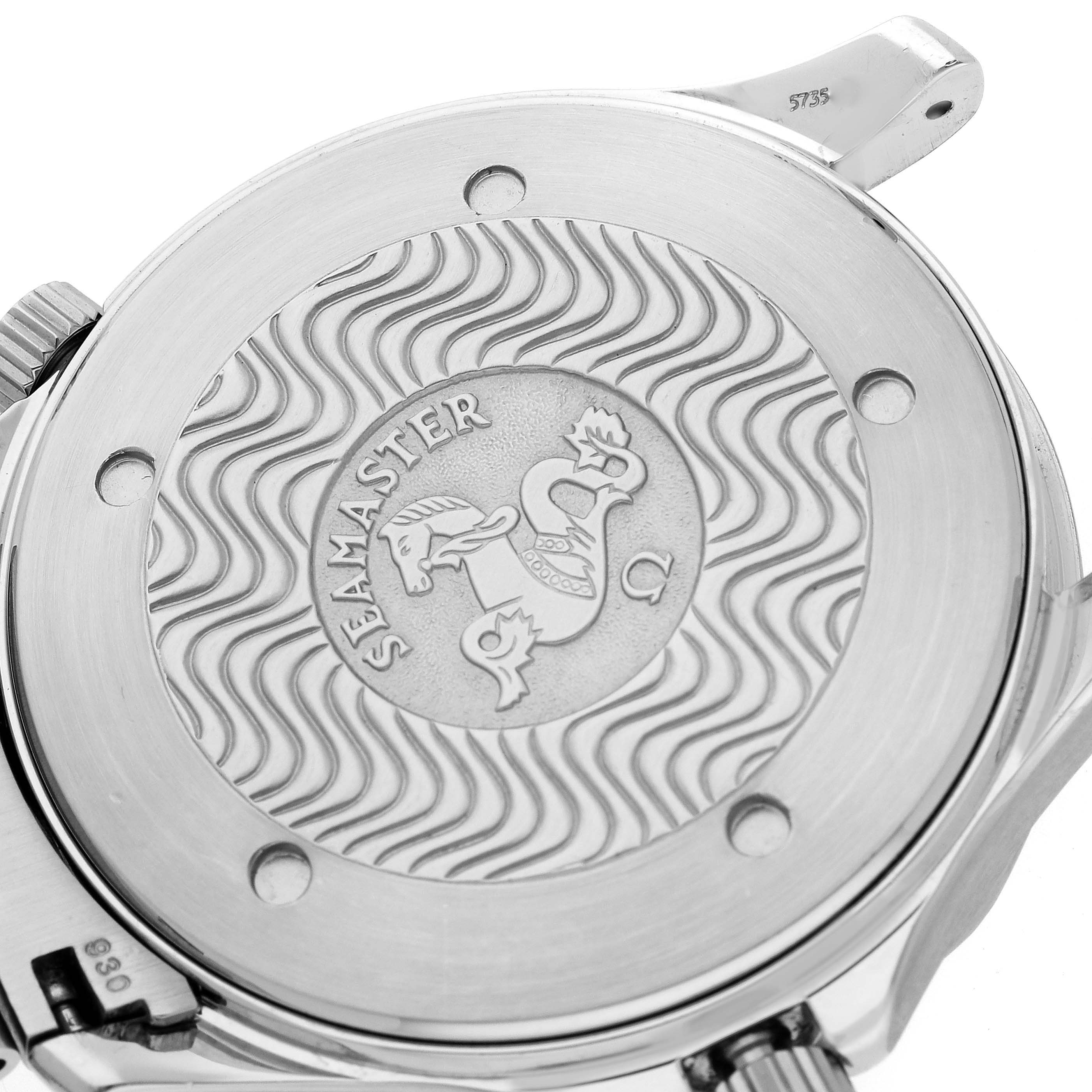 The image shows a close-up of the Omega Seamaster 2264.50.00 Men
s Stainless Steel Black Dial 2264.50.00 Men
s Stainless Steel Black Dial model
s case back with the logo and intricate wave pattern.