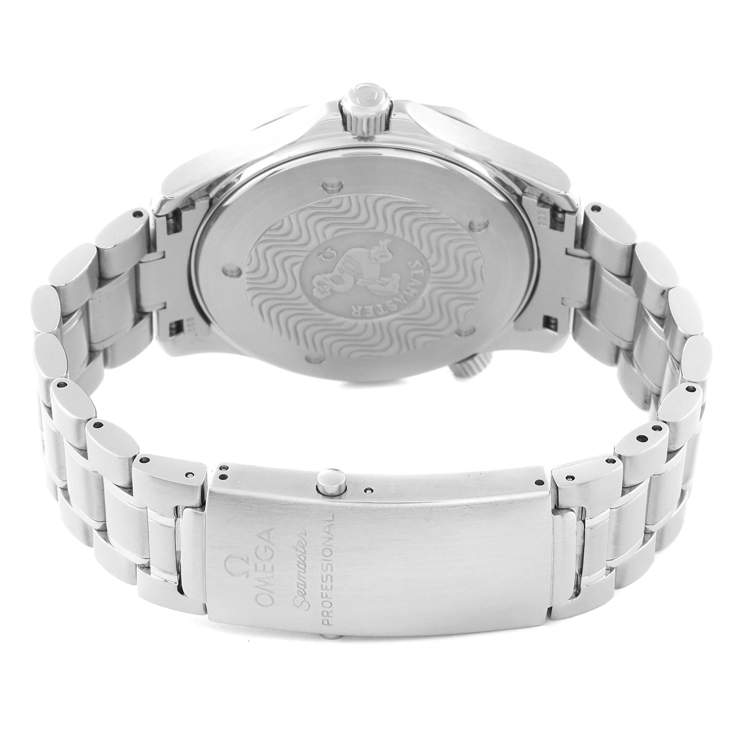 This image shows the backside of an Omega Seamaster 2264.50.00 Men
s Stainless Steel Black Dial 2264.50.00 Men
s Stainless Steel Black Dial watch, highlighting its case back and metal bracelet with the clasp.