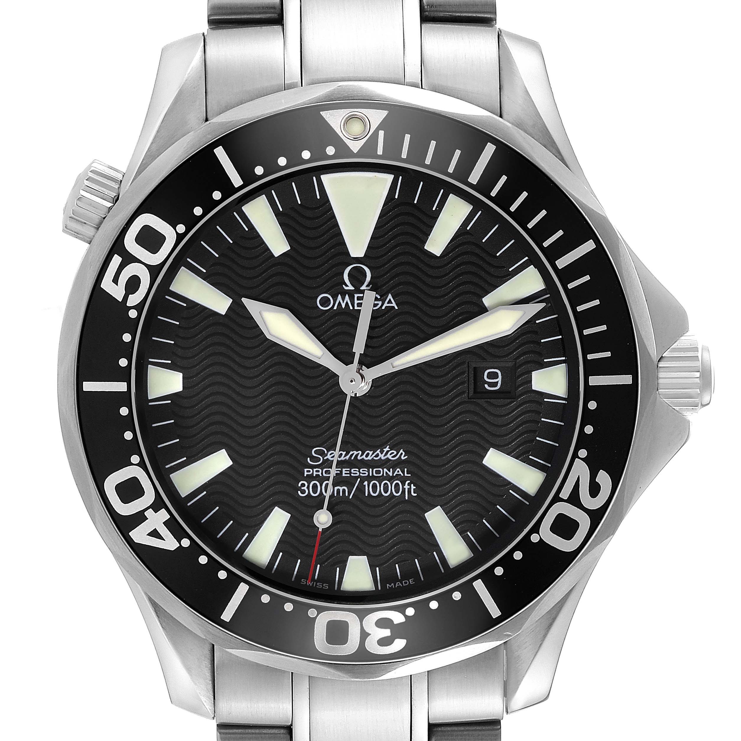 The image shows a front view of the Omega Seamaster 2264.50.00 Men
s Stainless Steel Black Dial 2264.50.00 Men
s Stainless Steel Black Dial watch, highlighting its dial, bezel, and a portion of the bracelet.