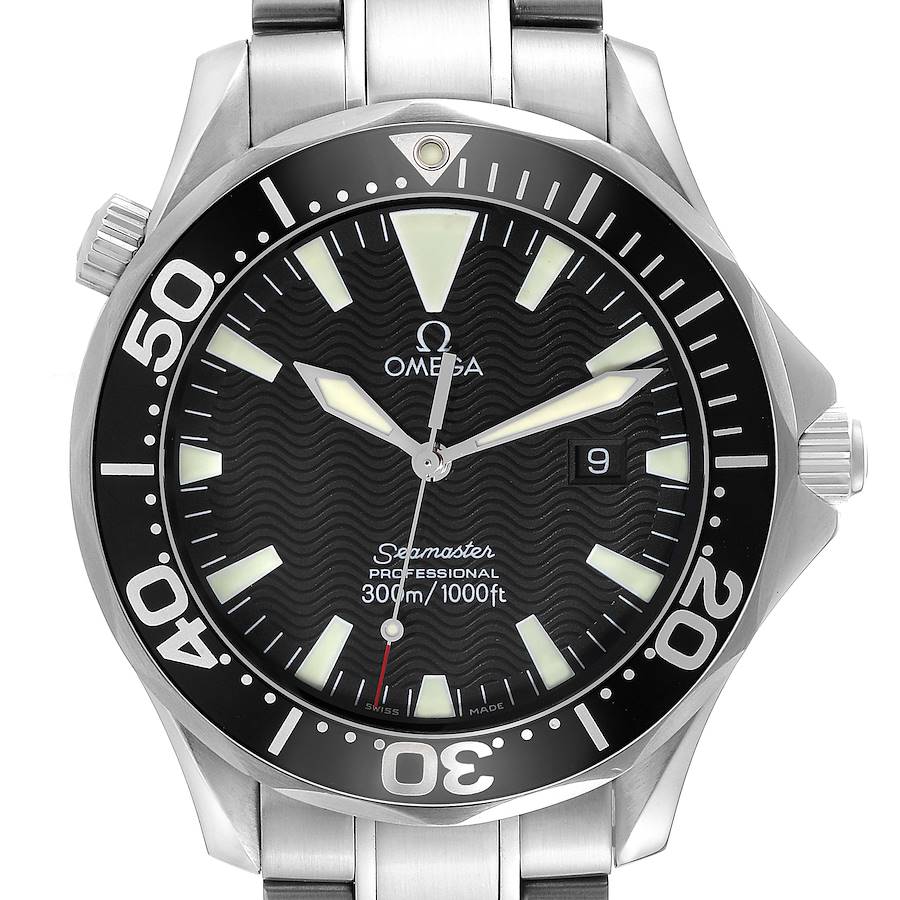 The image shows a front view of the Omega Seamaster watch, highlighting its dial, bezel, and a portion of the bracelet.